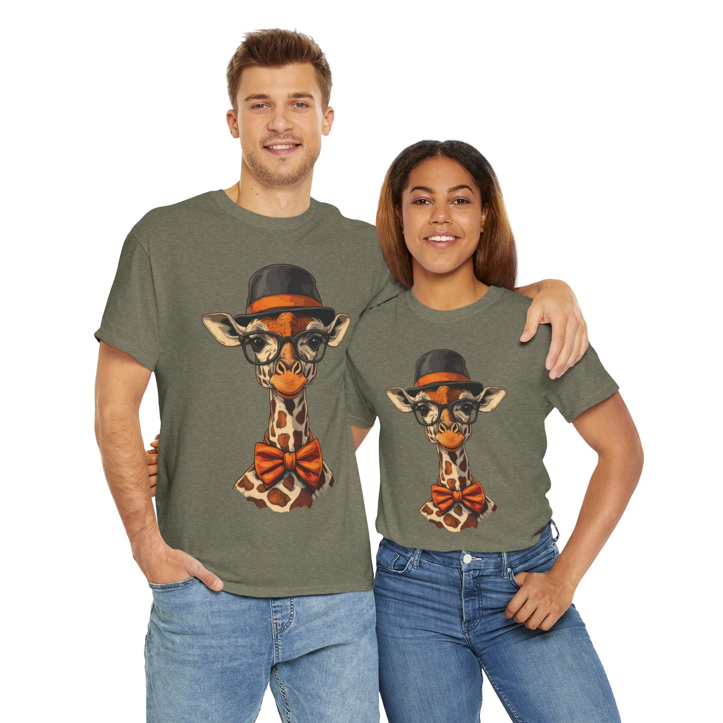 Hipster Giraffe T-Shirt with Hat and Glasses, Whimsical Giraffe Tee, Fun Gift, Cute Graphic Shirt, Unisex Heavy Cotton Tee