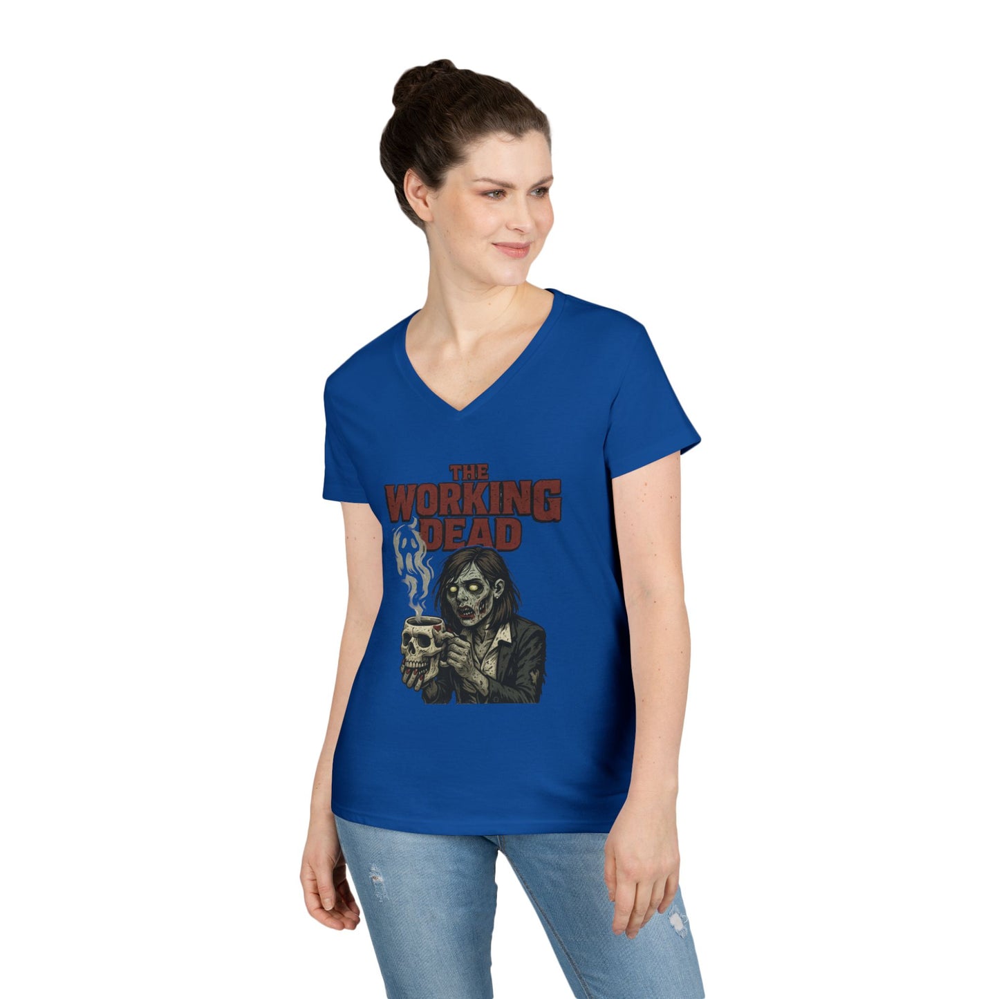 Ladies' V-Neck T-Shirt, The Working Dead Women's Zombie Funny Office T-Shirt, Meeting Humor Tee, Halloween Work Tee