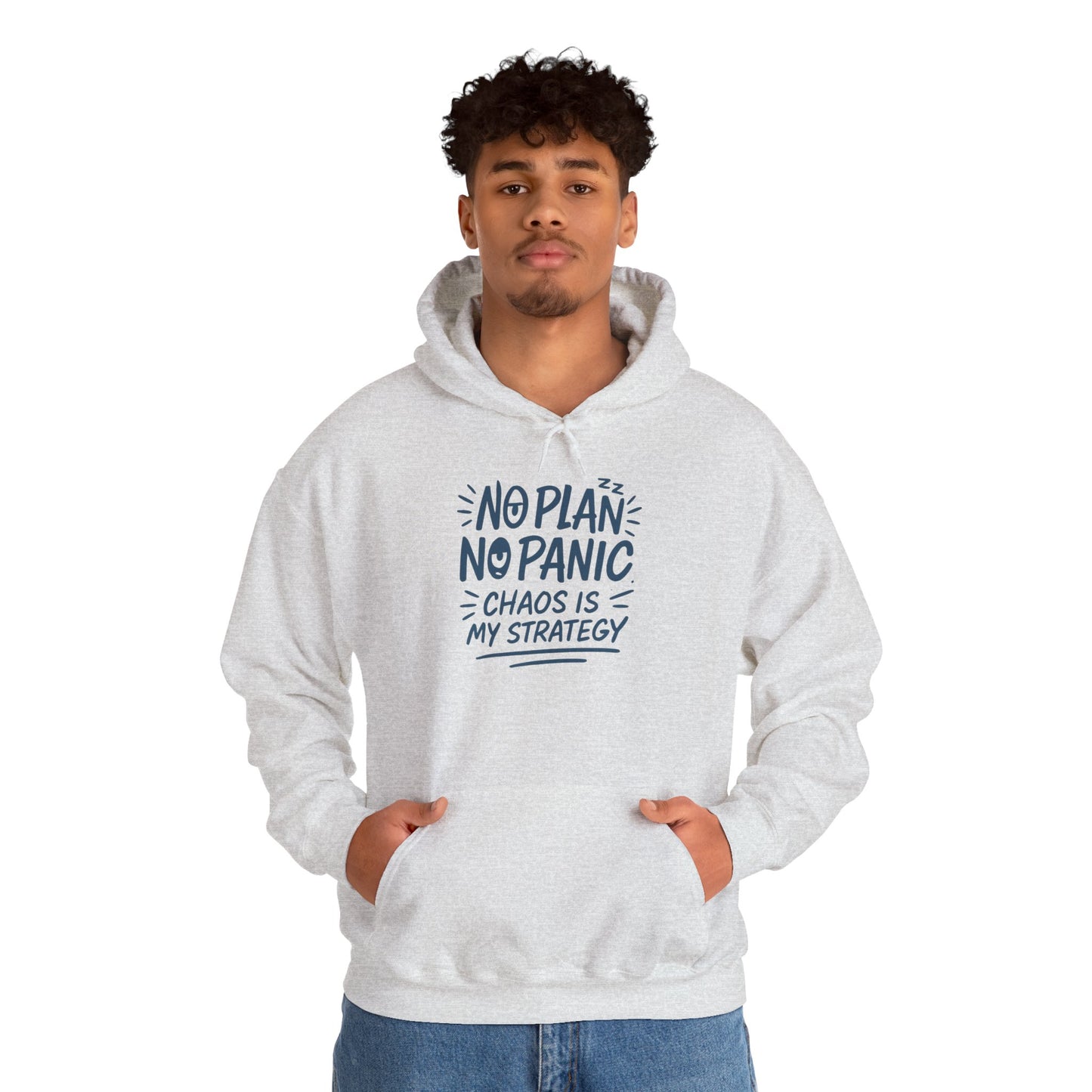 Funny Chaos Strategy Mens Hoodie, No Plan No Panic Quote Hoodie, Cozy Relaxed Fit Pullover, Humorous Gift for Him, Unisex Pullover