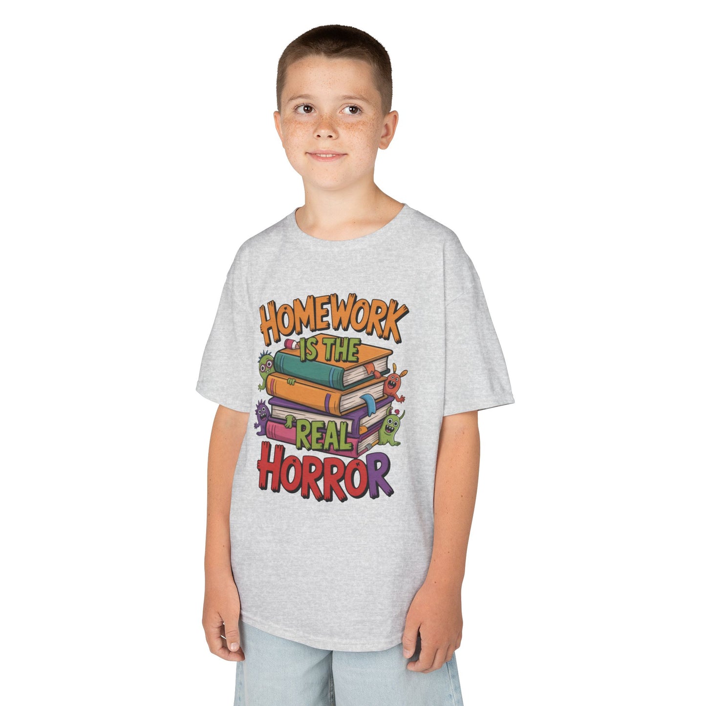 Kids Funny Homework Tee, Cute Monster School Shirt, Homework Is the Real Horror, Back to School Gift for Boys & Girls, Kids Halloween Tee