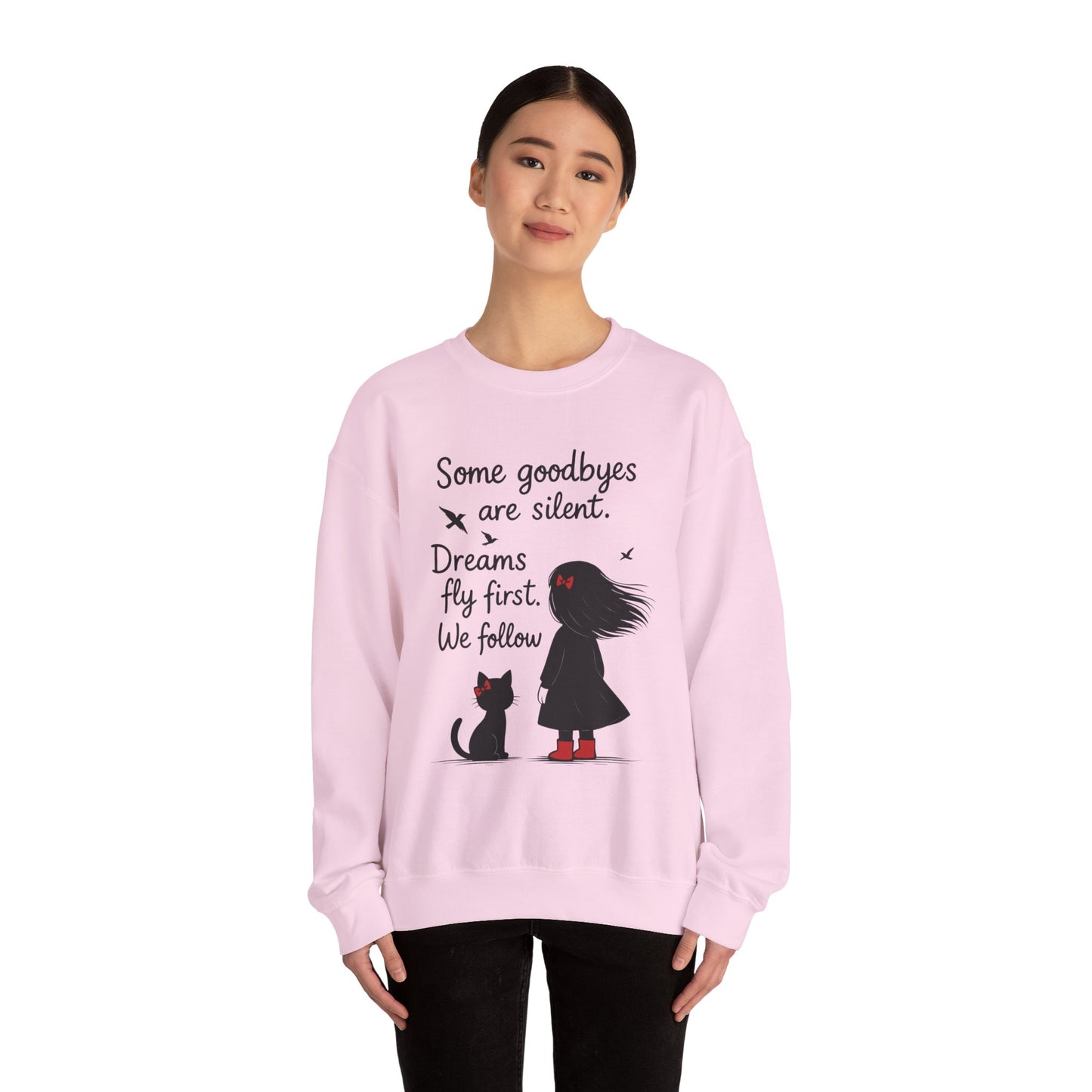 Cozy Farewell Girl & Cat Pullover, Hand Drawn Red Dress Art, Minimalist Womens Crewneck