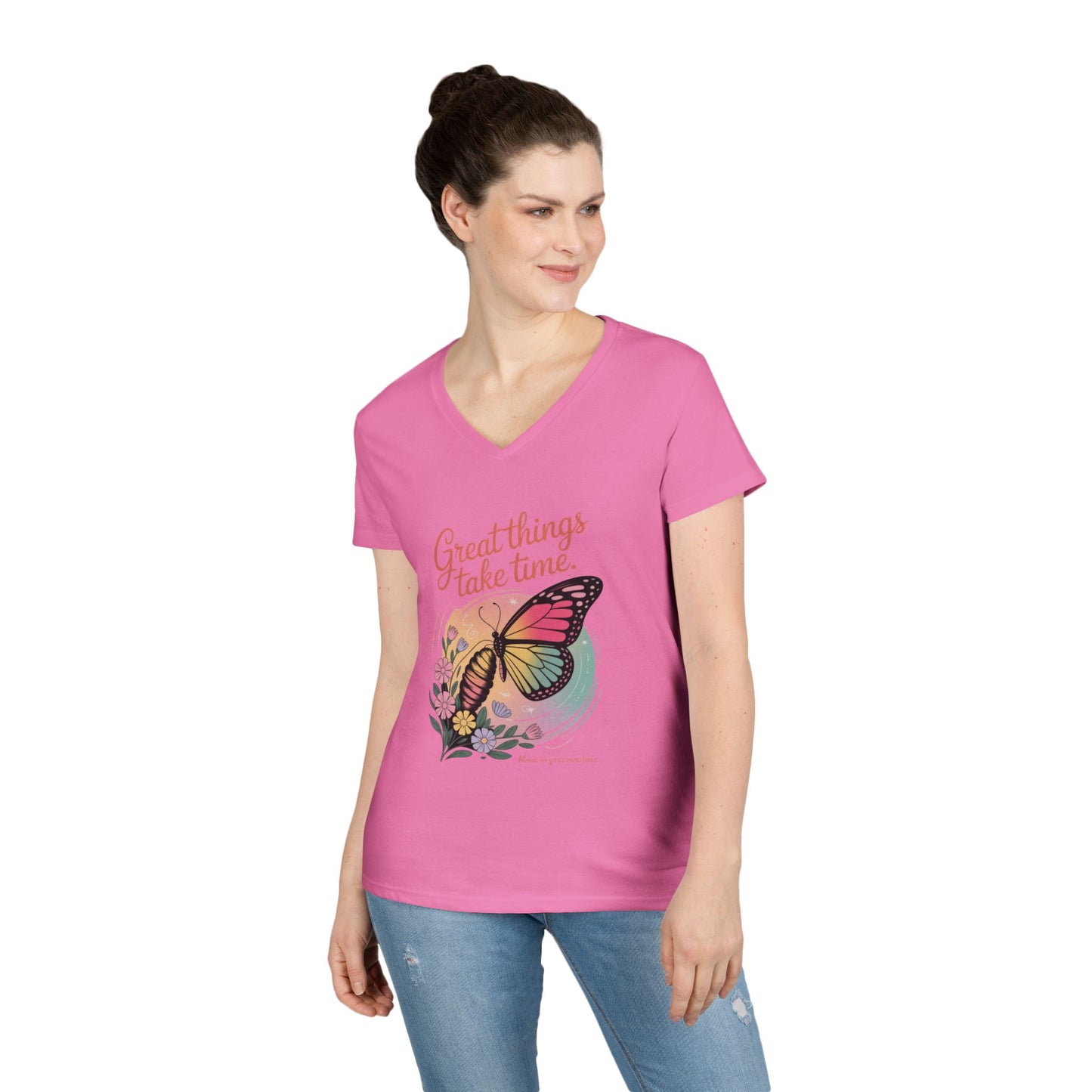 Inspiring Ladies' V-Neck T-Shirt, Great Things Take Time Butterfly Design, Relaxation, Motivation, Nature, Motivational Women's Tee
