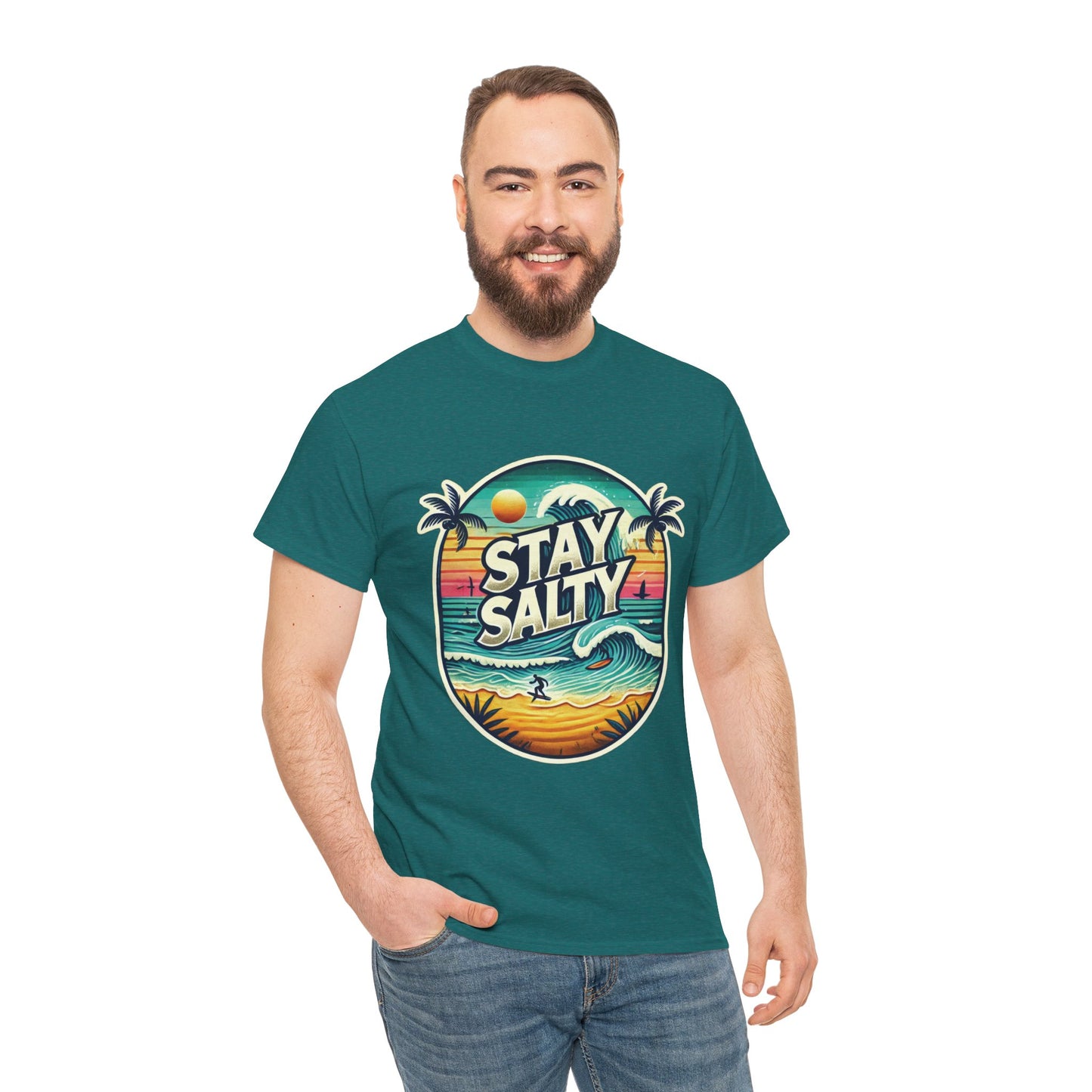 Stay Salty Retro Surf Unisex Heavy Cotton Tee, Vintage Beach Sunset Graphic T-Shirt, Summer Ocean Wave Surfer Shirt, Ocean Lover Gift