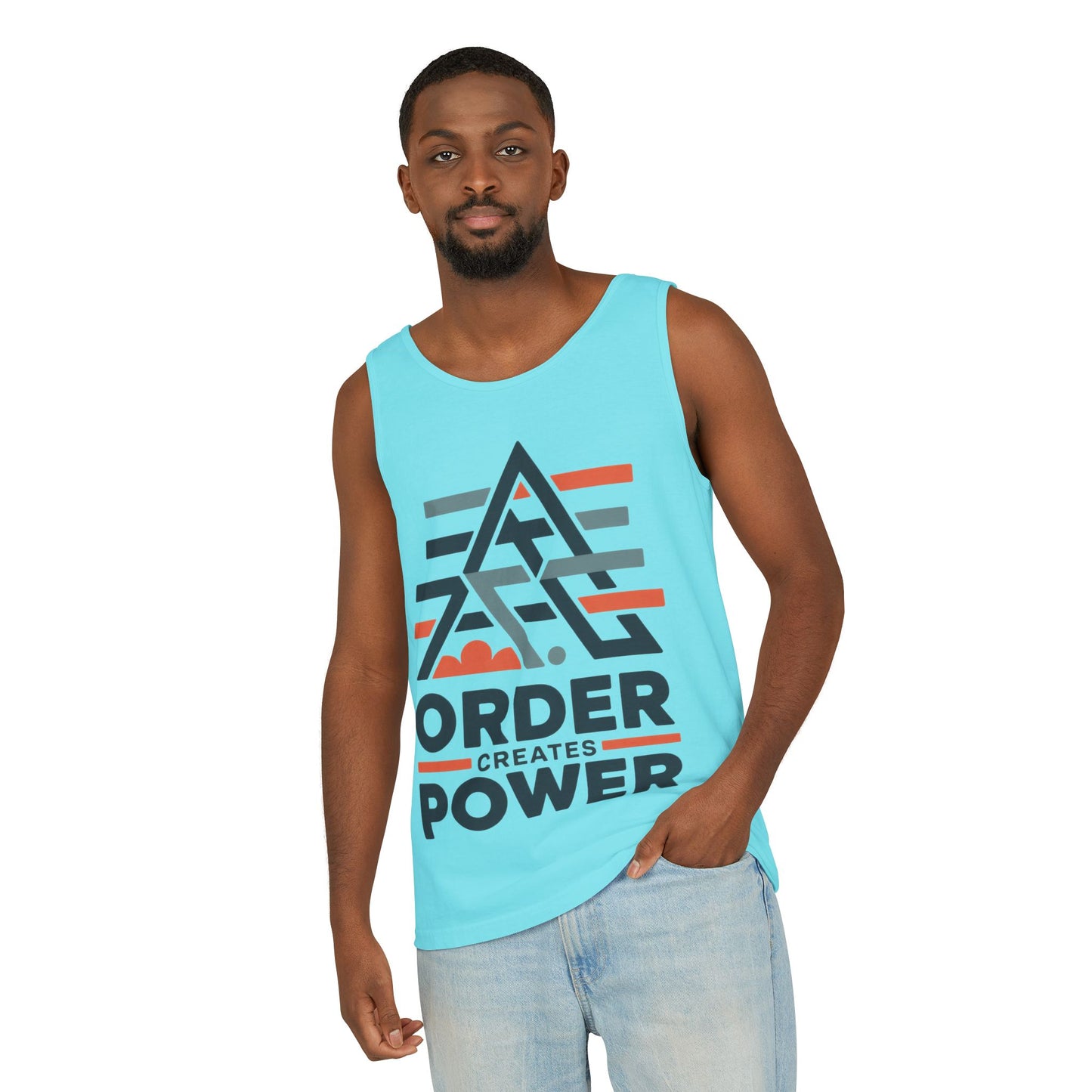 Mens Garment-Dyed Tank Top, Mens Tank Top Order Creates Power, Minimal Geometric Motivational Graphic Summer Shirt