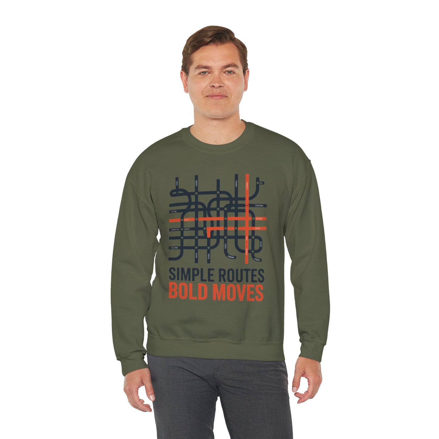 Men's Heavy Blend™ Crewneck Sweatshirt, Simple Routes Bold Moves Sweatshirt, Minimalist Metro Map Graphic Pullover