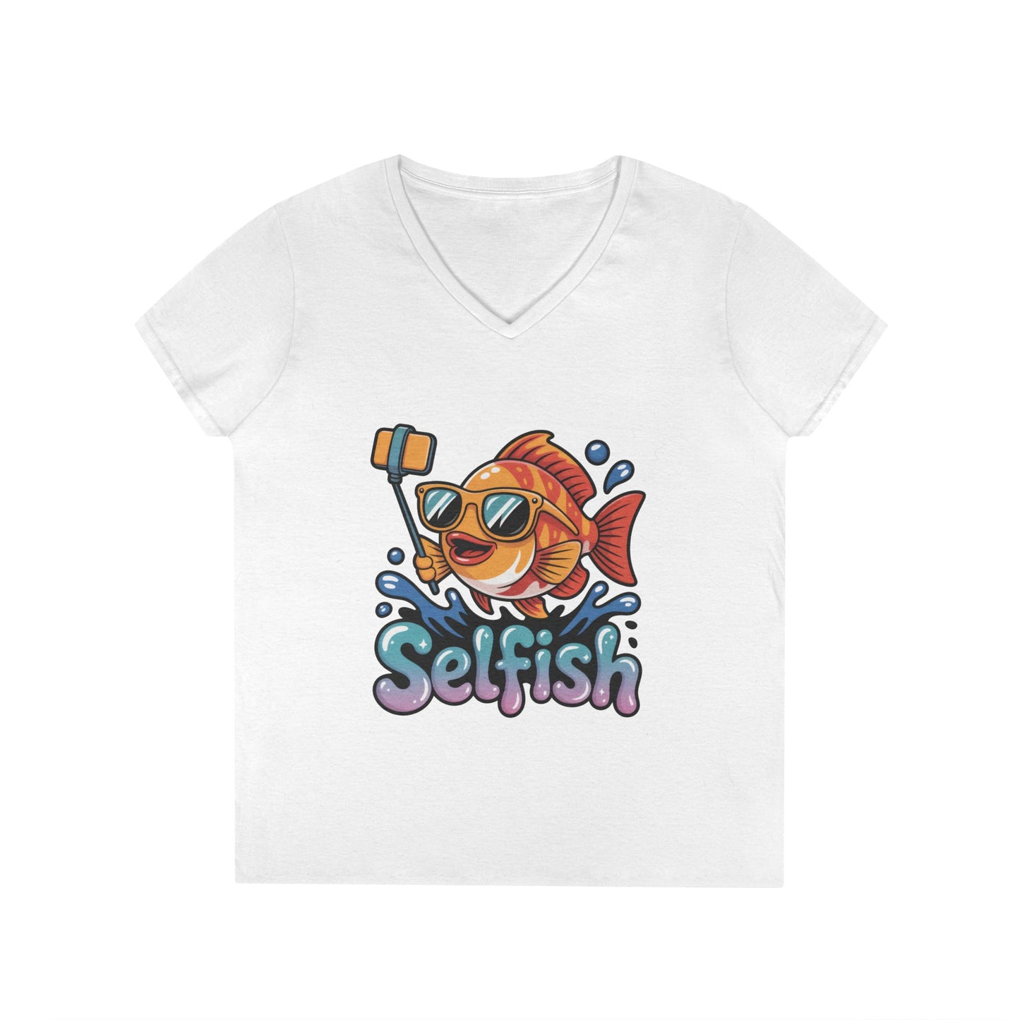 Ladies' V-Neck T-Shirt, Funny Selfie Fish Graphic Womens Tee, Playful Pun Gift for Her, Summer Vibes, Unique Beach Shirt, Outdoor Adventures