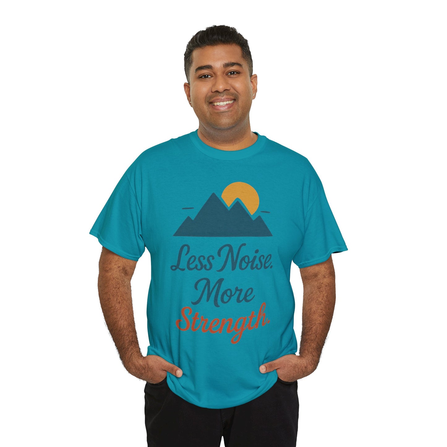 Mens Less Noise More Strength Mountain T-Shirt, Motivational Gym Hiking Tee