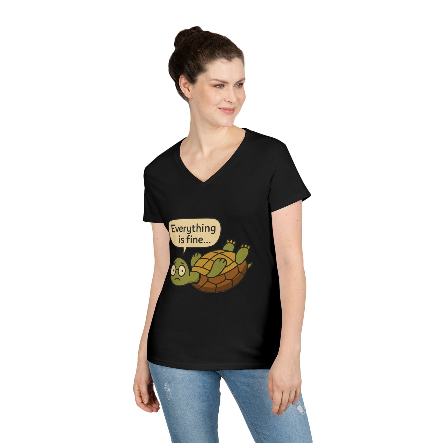 Cute & Comfy Turtle V-Neck T-Shirt - "Everything is fine..." design, Gift for Animal Lovers, Casual Wear, Fun Quotes, Positive message tee
