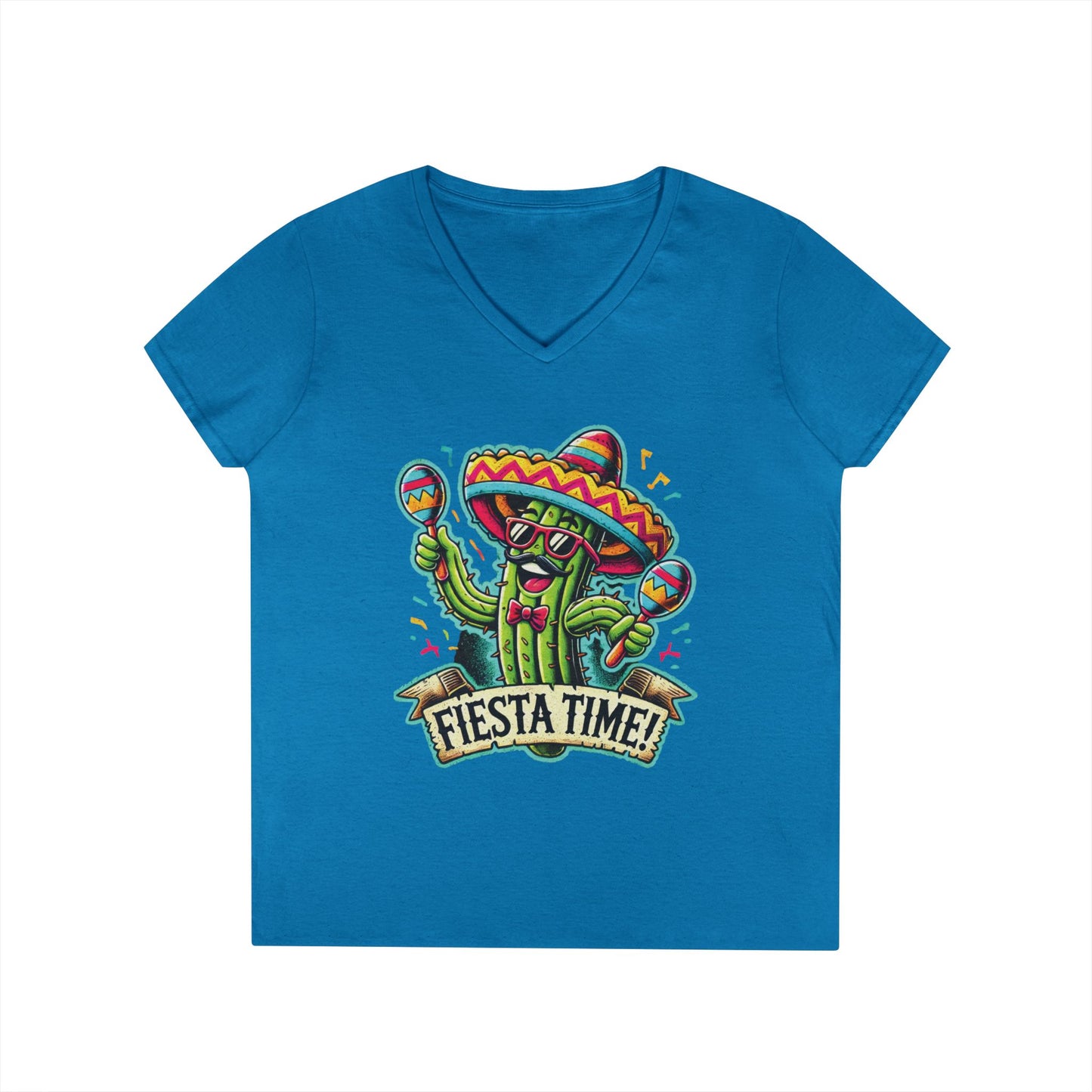 Fiesta Time Cactus Ladies' V-Neck T-Shirt, Funny Sombrero Mexican Party Tee, Cinco de Mayo Gift Idea, Fun Summer Tee, Party Wear