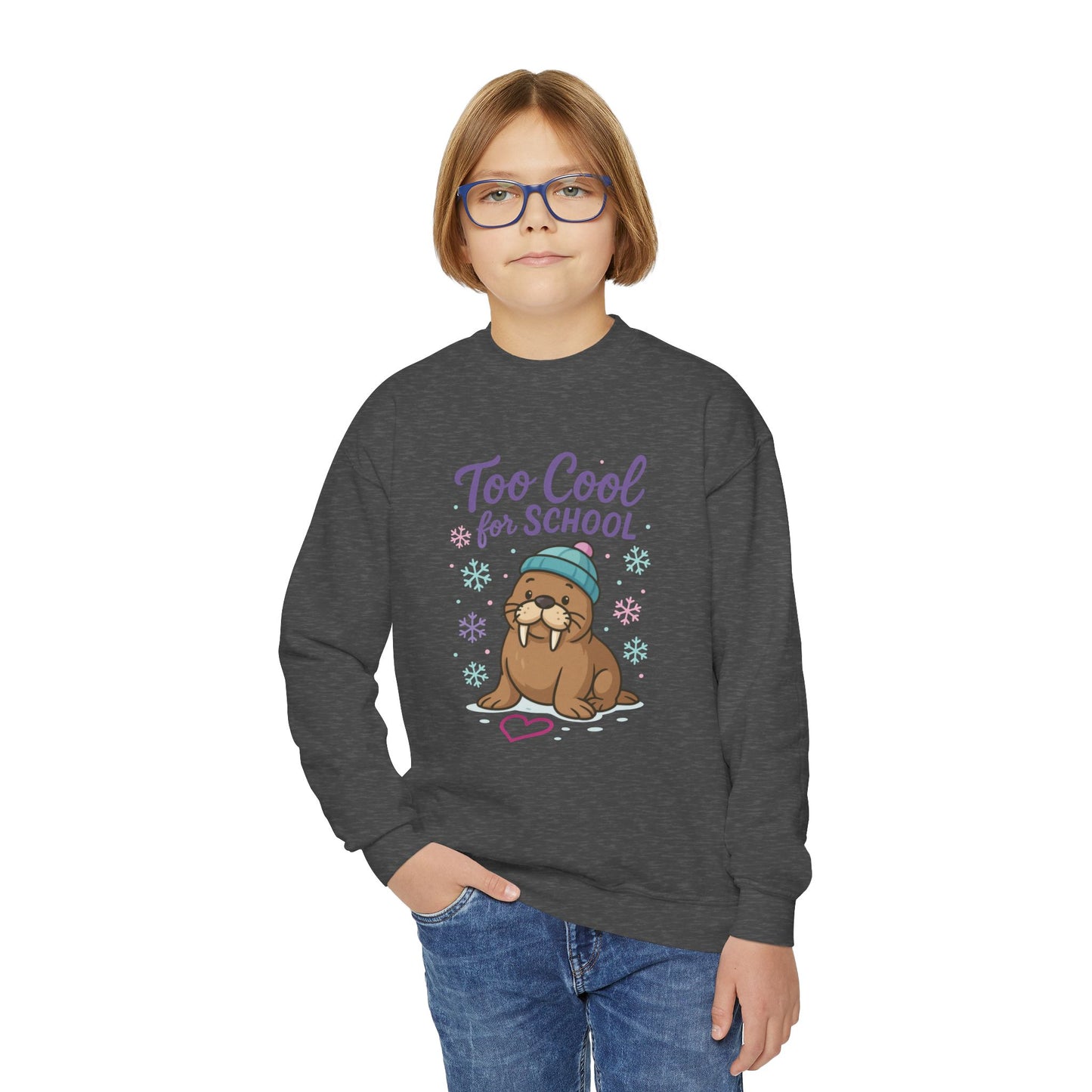 Youth Crewneck Sweatshirt, Kids Too Cool for School Walrus Sweatshirt, Funny Animal Pullover, Cute Winter Top