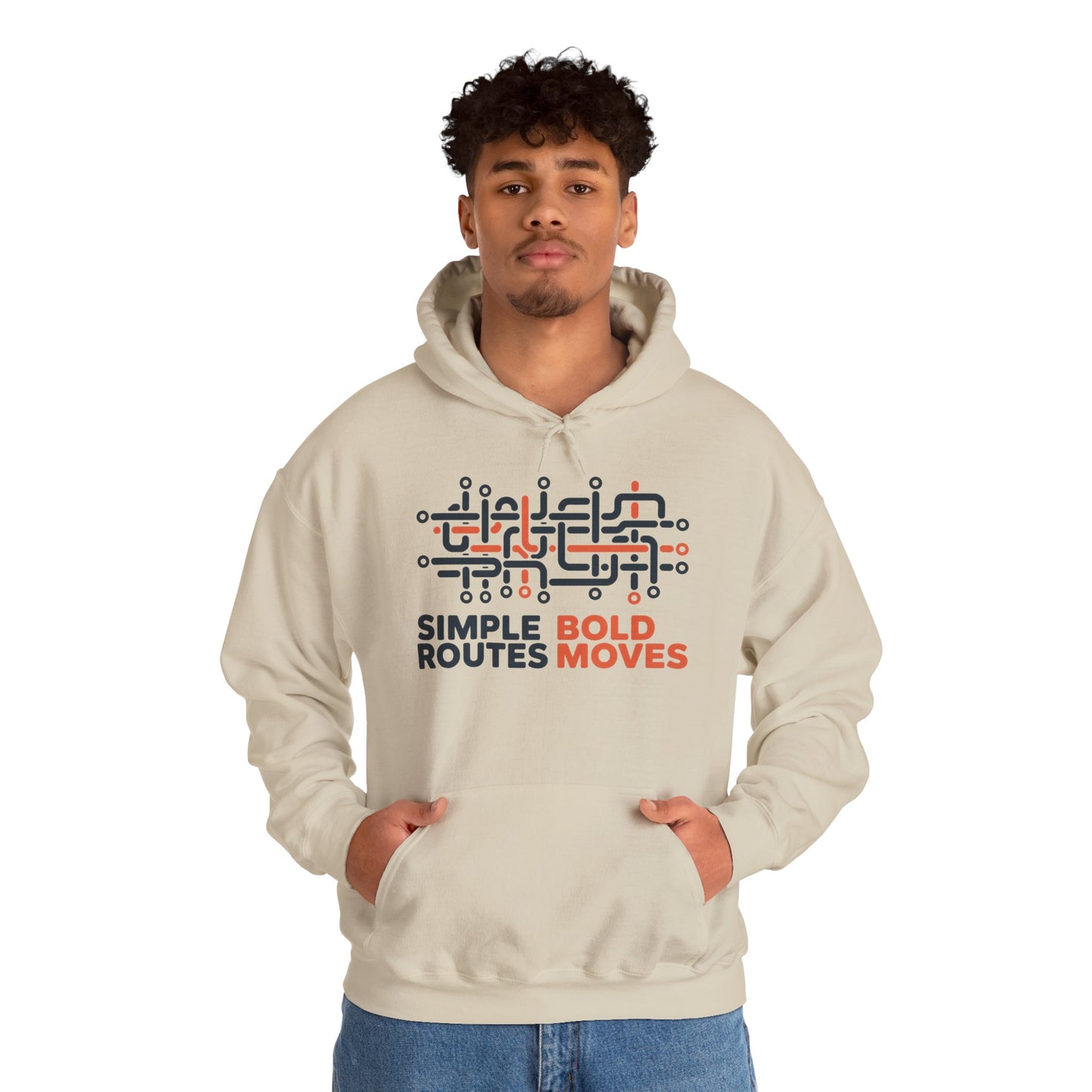 Men's Heavy Blend™ Hooded Sweatshirt, Simple Routes Bold Moves Hoodie, Unisex Metro Map Graphic, Urban Streetwear