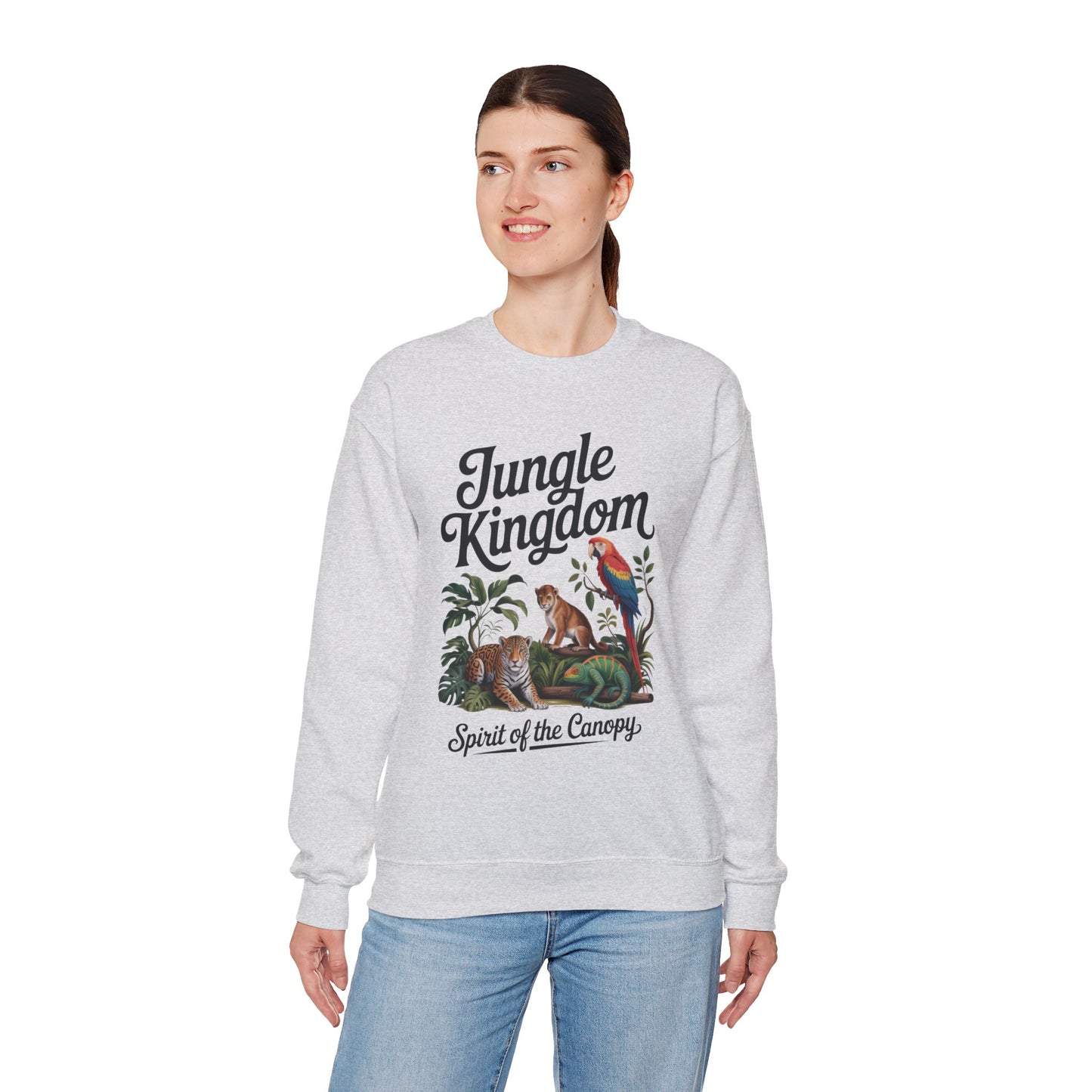 Jungle Kingdom Womens Sweatshirt, Cozy Jungle Crewneck, Nature Lover Gift, Wildlife Artwork, Eco-Conscious Apparel, Animal Enthusiast Clothing