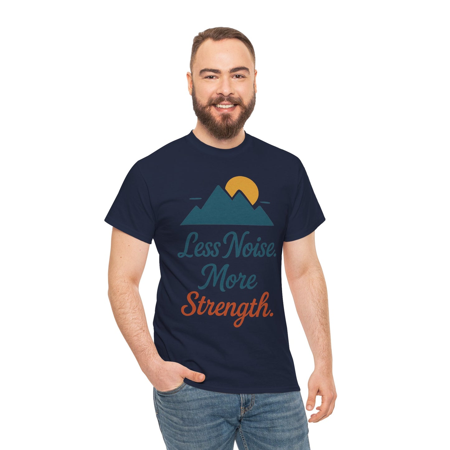 Mens Less Noise More Strength Mountain T-Shirt, Motivational Gym Hiking Tee
