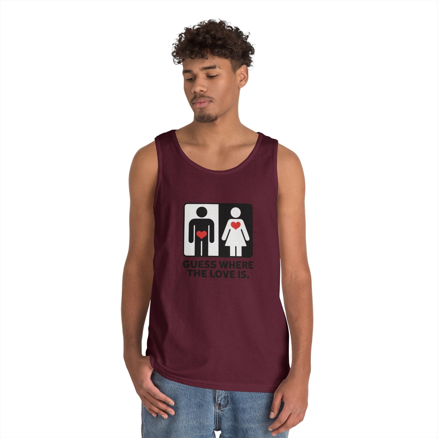 Cute Guess Where The Love Is Mens Tank, Couples Gift, Valentines Day Gift, Relationship Humor Shirt, Funny Tank for Him, Bold Love Joke Tank