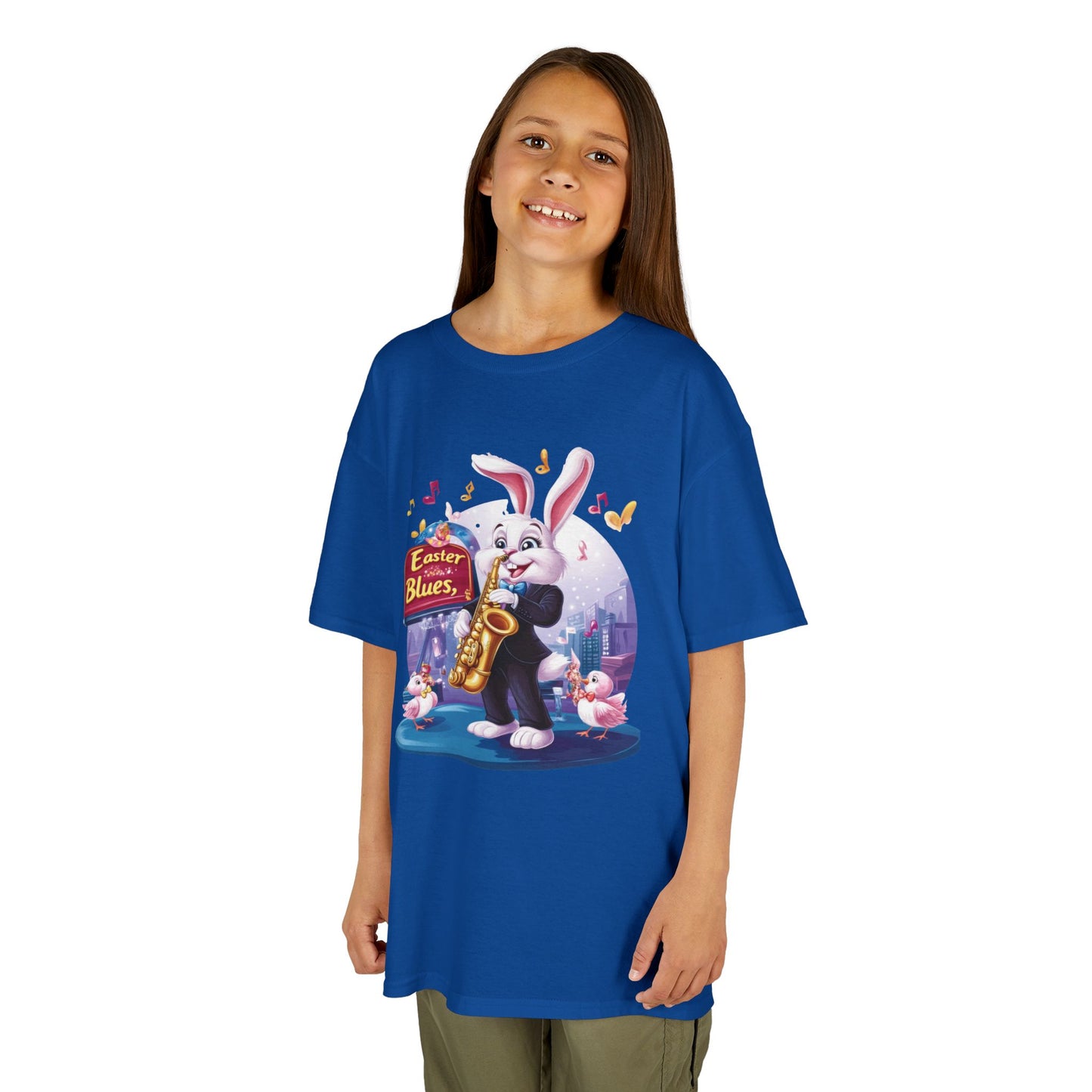 Easter Blues Bunny Kids T-Shirt - Cute Jazz Music Themed Tee for Boys and Girls, Fun Spring Gift, Bunny Playing Saxophone Design