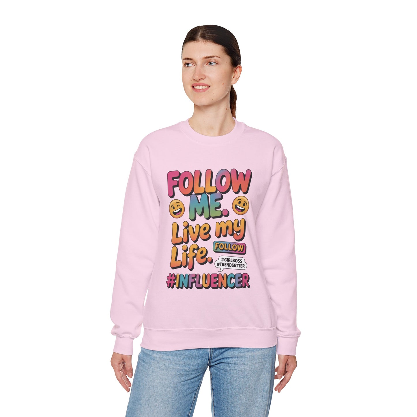 Womens Heavy Blend™ Crewneck Sweatshirt, Influencer Sweatshirt, Colorful Follow Me Live My Life Graphic Sweatshirt, Trendy GirlBoss Outfit