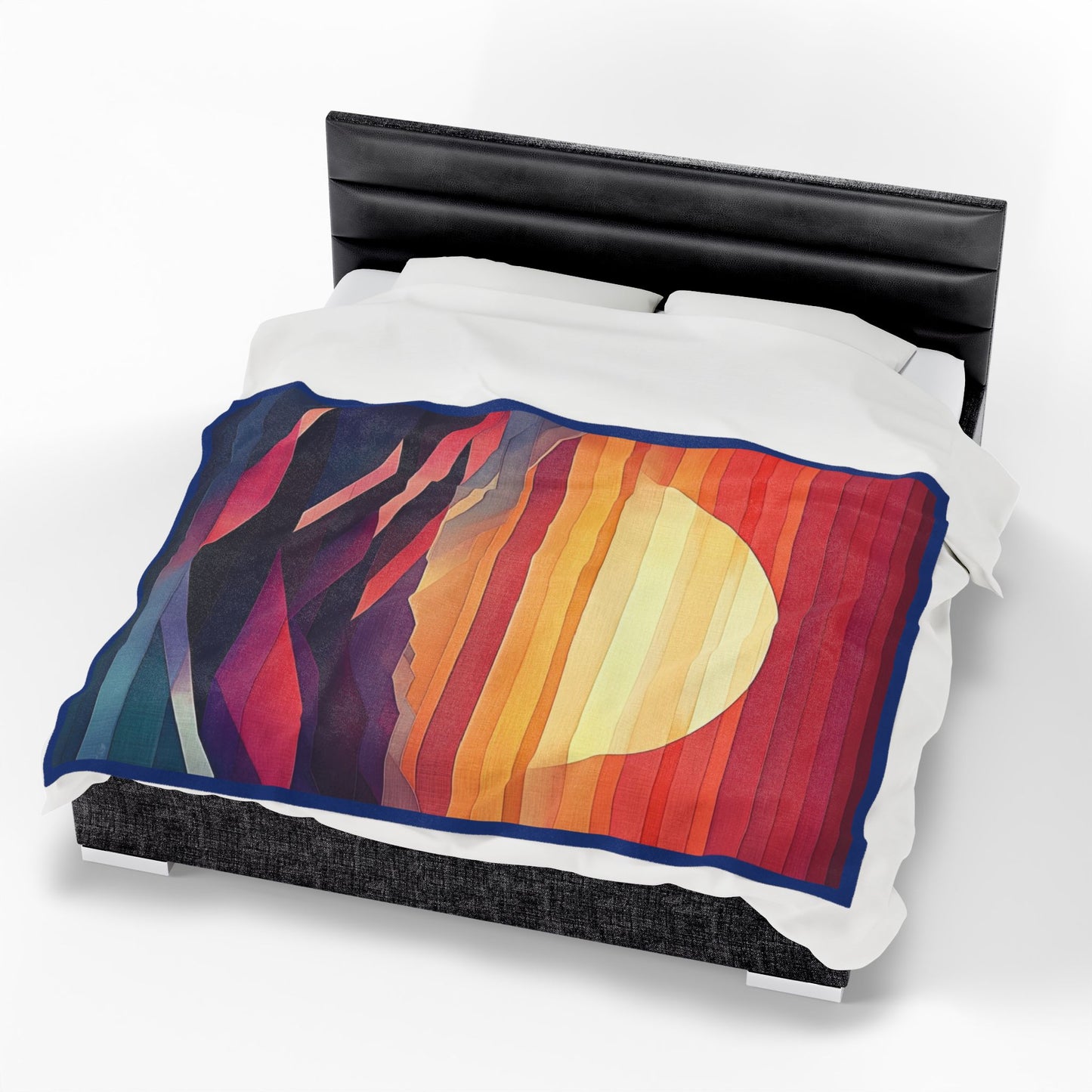 Abstract Sunset Mountain Velveteen Plush Blanket, Geometric Boho Landscape Throw Blanket, Warm Cozy Modern Art Home Decor Gift