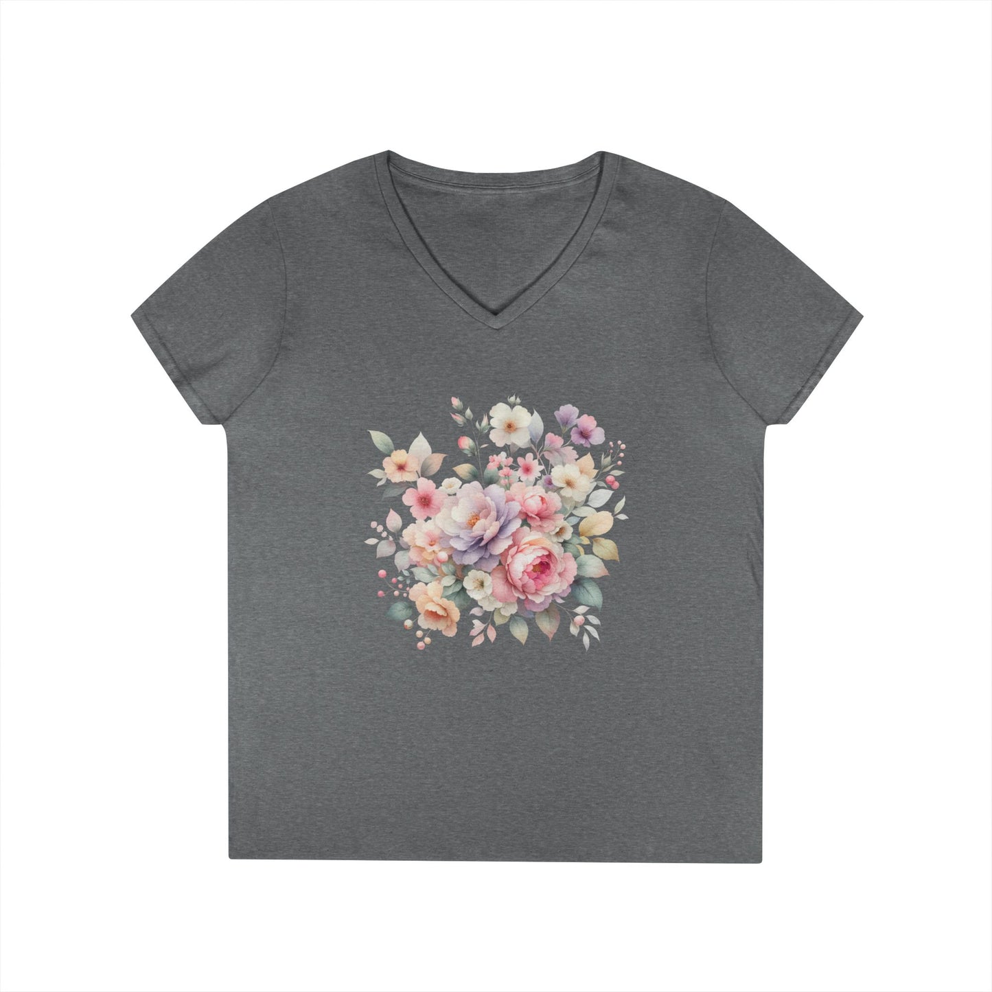 Pastel Floral Bouquet Ladies' V-Neck T-Shirt, Romantic Soft Vintage Flower Tee, Spring Fashion, Gift for Her, Everyday Wear