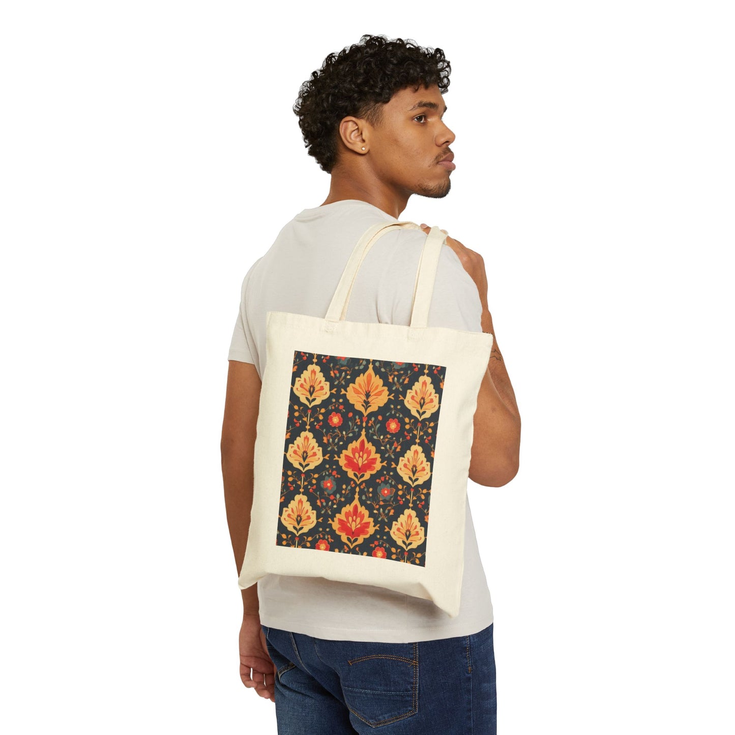 Chic Floral Cotton Canvas Tote Bag, Eco-Friendly Shopping Bag, Gift for Her, Reusable Grocery Tote, Traditional Turkish Carpet Pattern