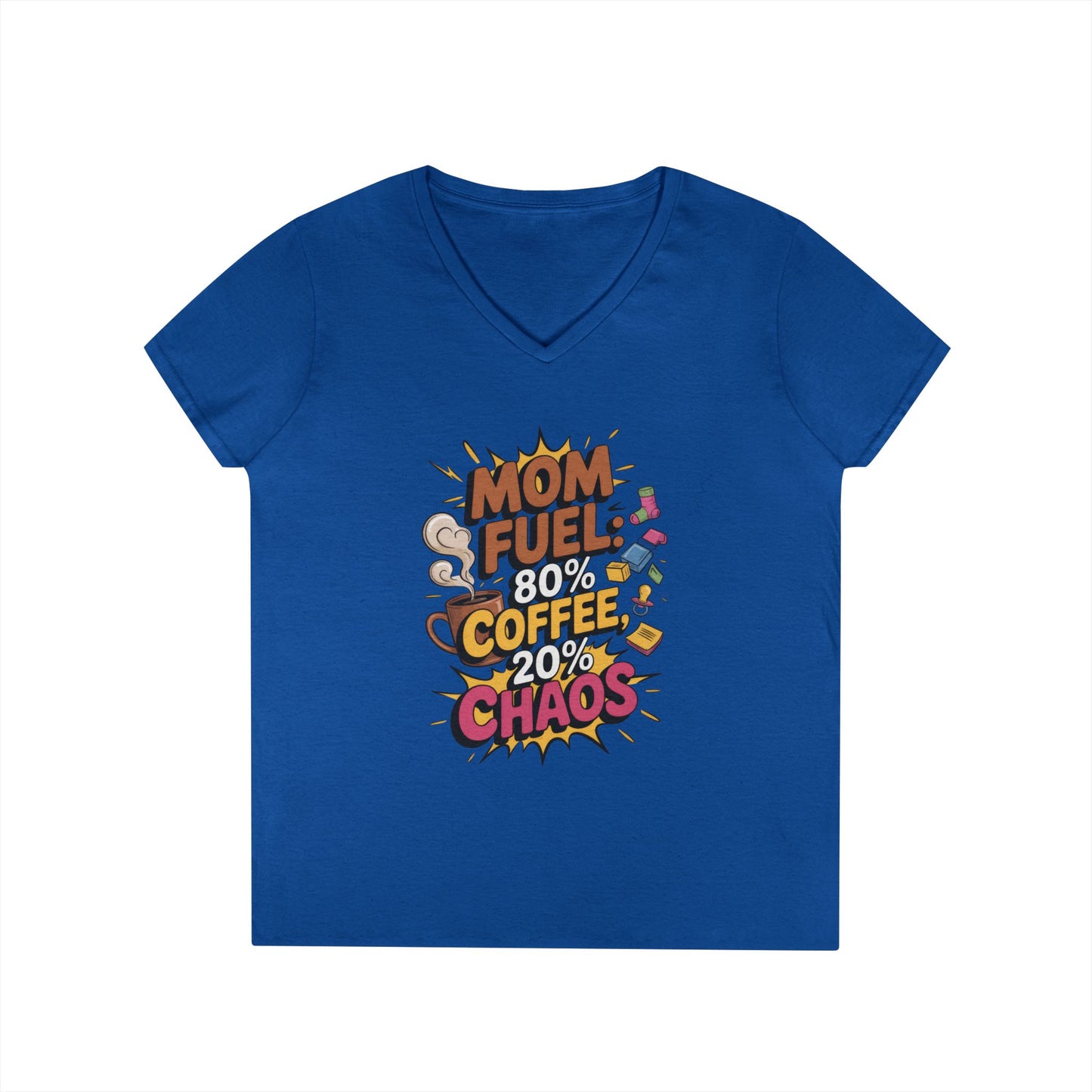 Mom Fuel V-Neck T-Shirt, Funny Gift for Moms, Coffee Lovers, Mother's Day, Everyday Humor, Tired Mom Life Tee, Coffee Loving Moms