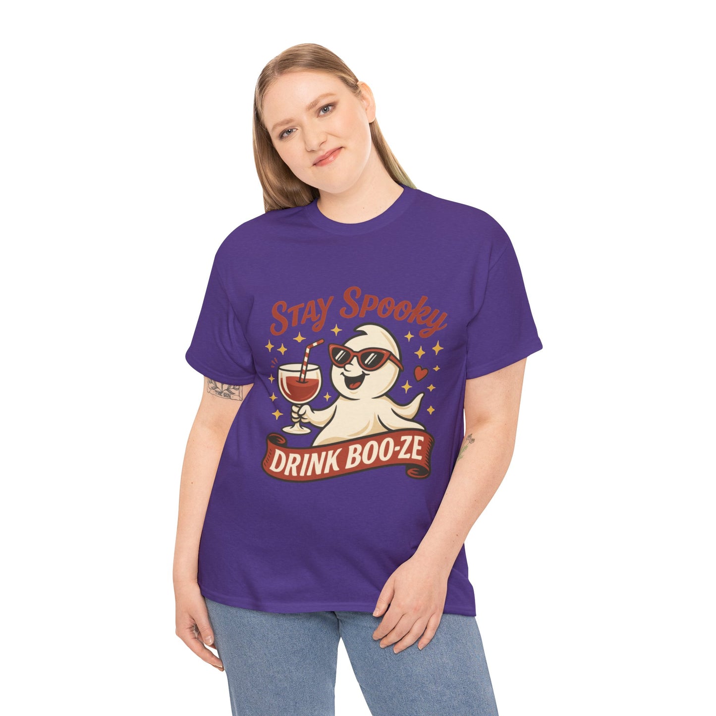 Stay Spooky Drink Boo-ze Women's T-Shirt, Funny Ghost Wine Halloween Party Graphic Tee