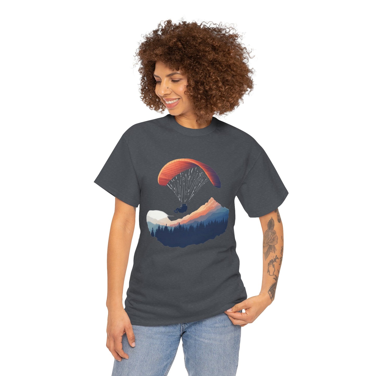 Paragliding Adventure T-Shirt, Mountain Landscape Tee, Nature Travel Lover Shirt, Outdoor Hiking Gift, Unisex Heavy Cotton Tee
