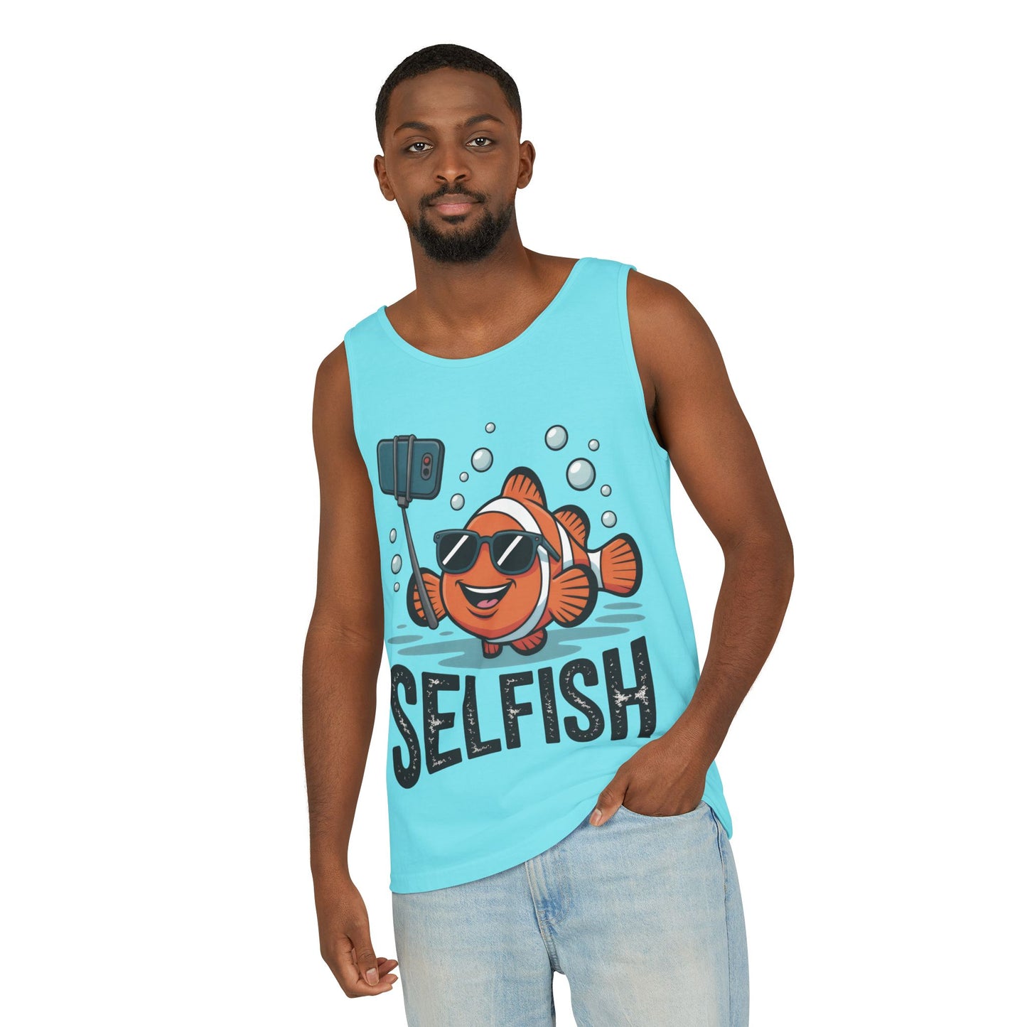 Mens Garment-Dyed Tank Top, Mens Selfish Funny Fish Tank Top, Cute Selfie Graphic Shirt, Ocean Humor Top