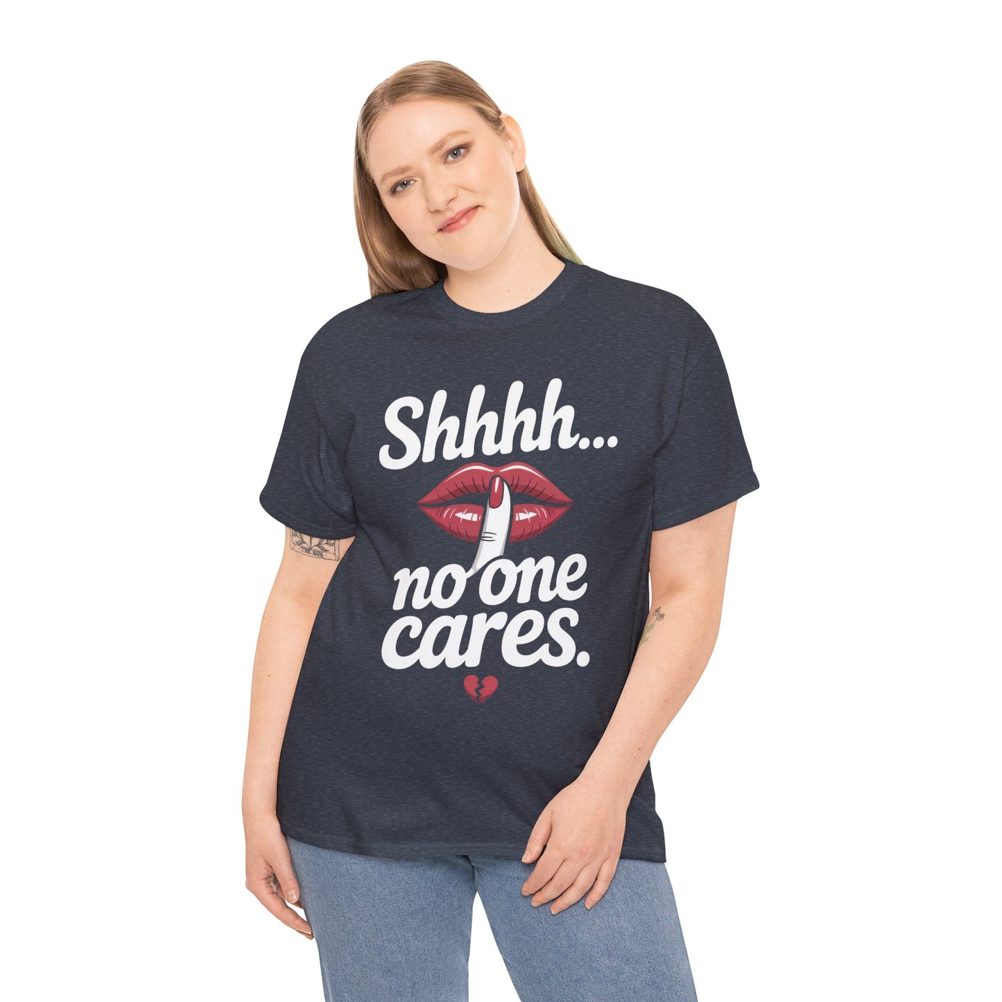 Shhh No One Cares Shirt, Sassy Funny Graphic Tee for Women, Sarcastic Lips Tank Top, Bold Attitude T-Shirt, Tee with Bold Statement Design