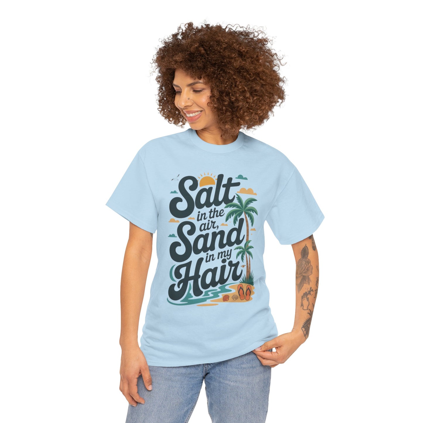 Salt in the Air Sand in My Hair Shirt, Beach Summer Vibes Graphic T-Shirt, Tropical Ocean Palm Design, Ocean-Themed Shirt, Gift Beach Lovers