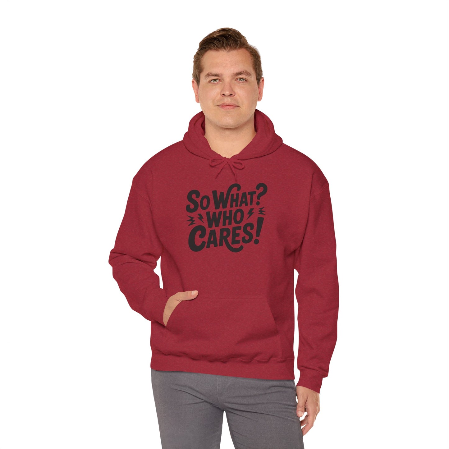 So What? Who Cares! Funny Mens Hoodie, Bold Statement Design, Lightning Graphic Pullover, Rebellious Urban Humor, Funny Streetwear