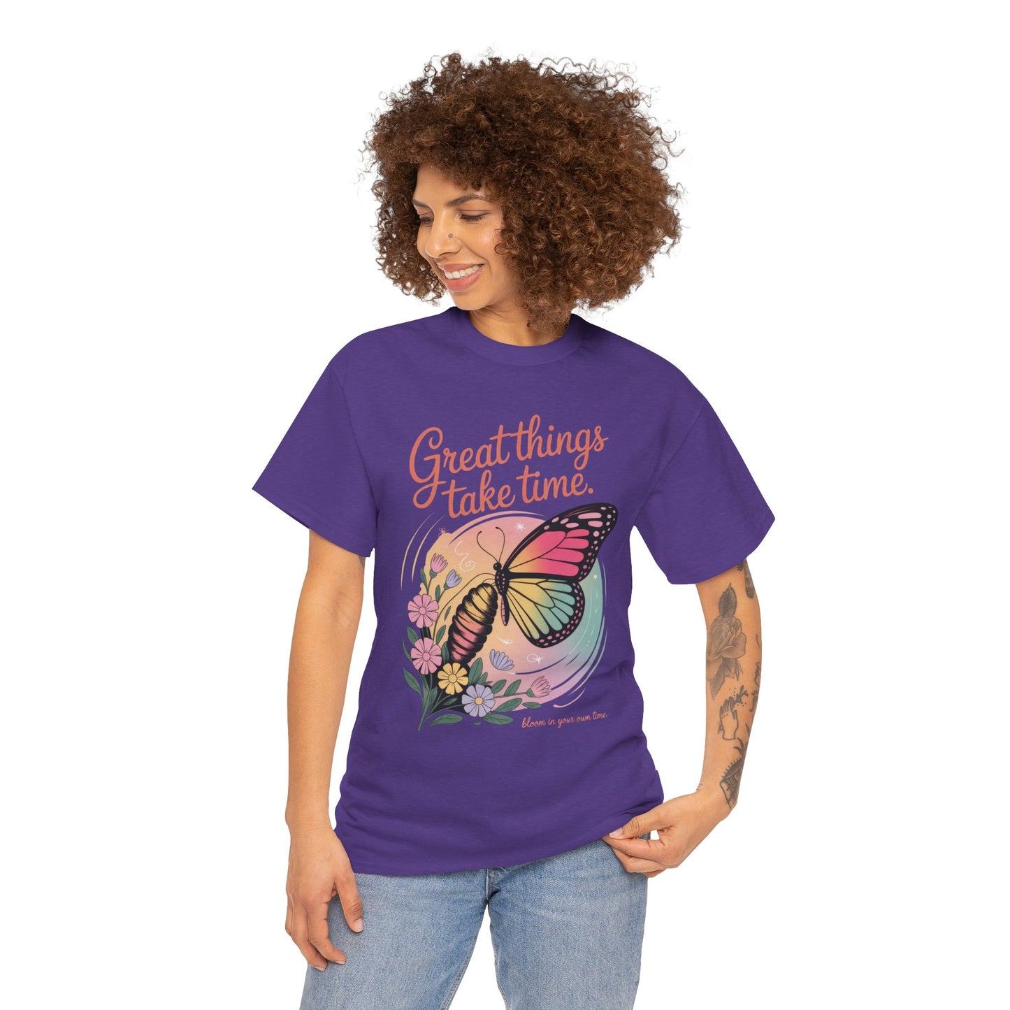 Butterfly Motivational Women's Heavy Cotton Tee, Great Things Take Time Shirt, Gift for Nature Lovers, Inspirational Apparel, Summer Outfit