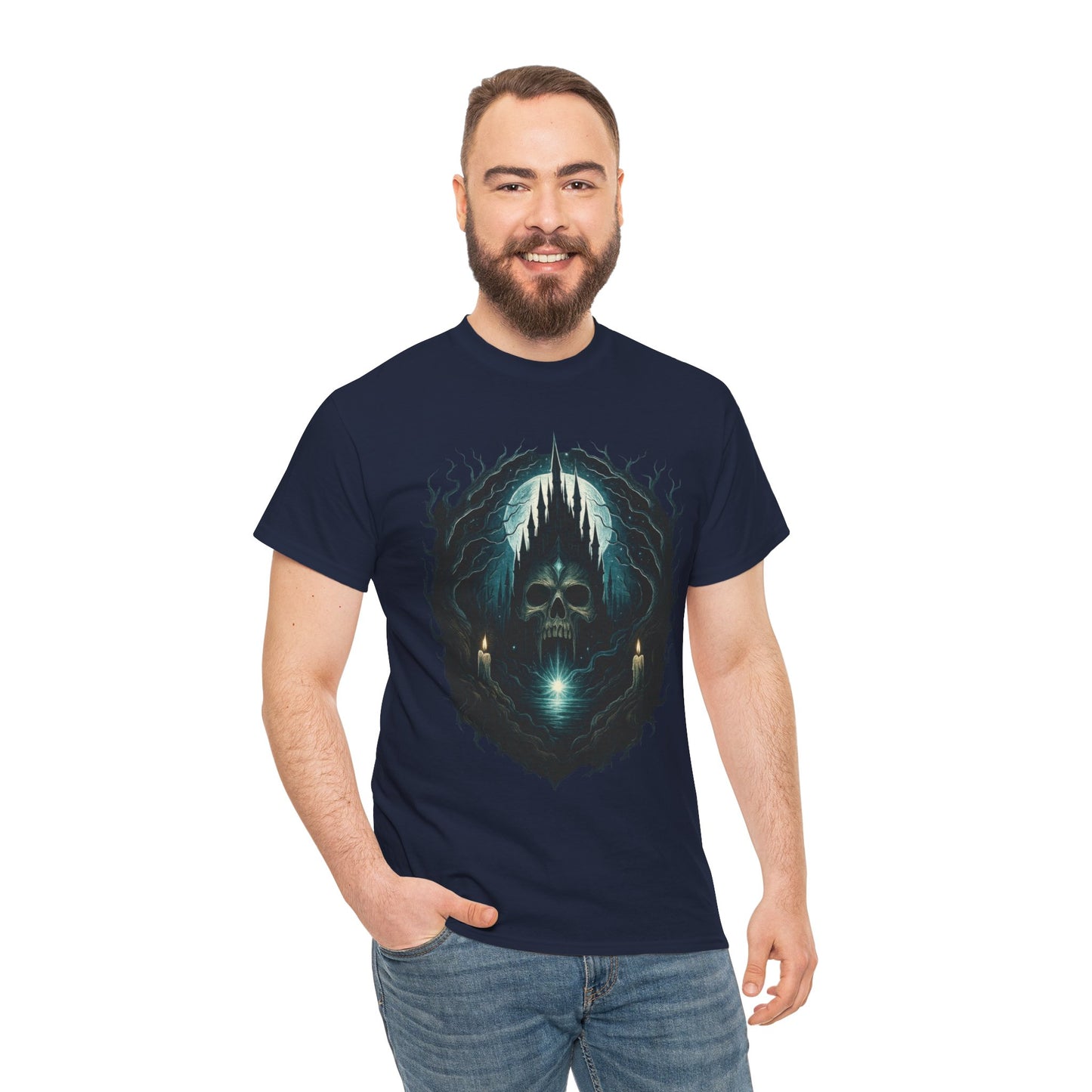 Gothic Skull Castle Men's T-Shirt, Dark Horror Haunted Night Graphic Tee, Halloween Shirt