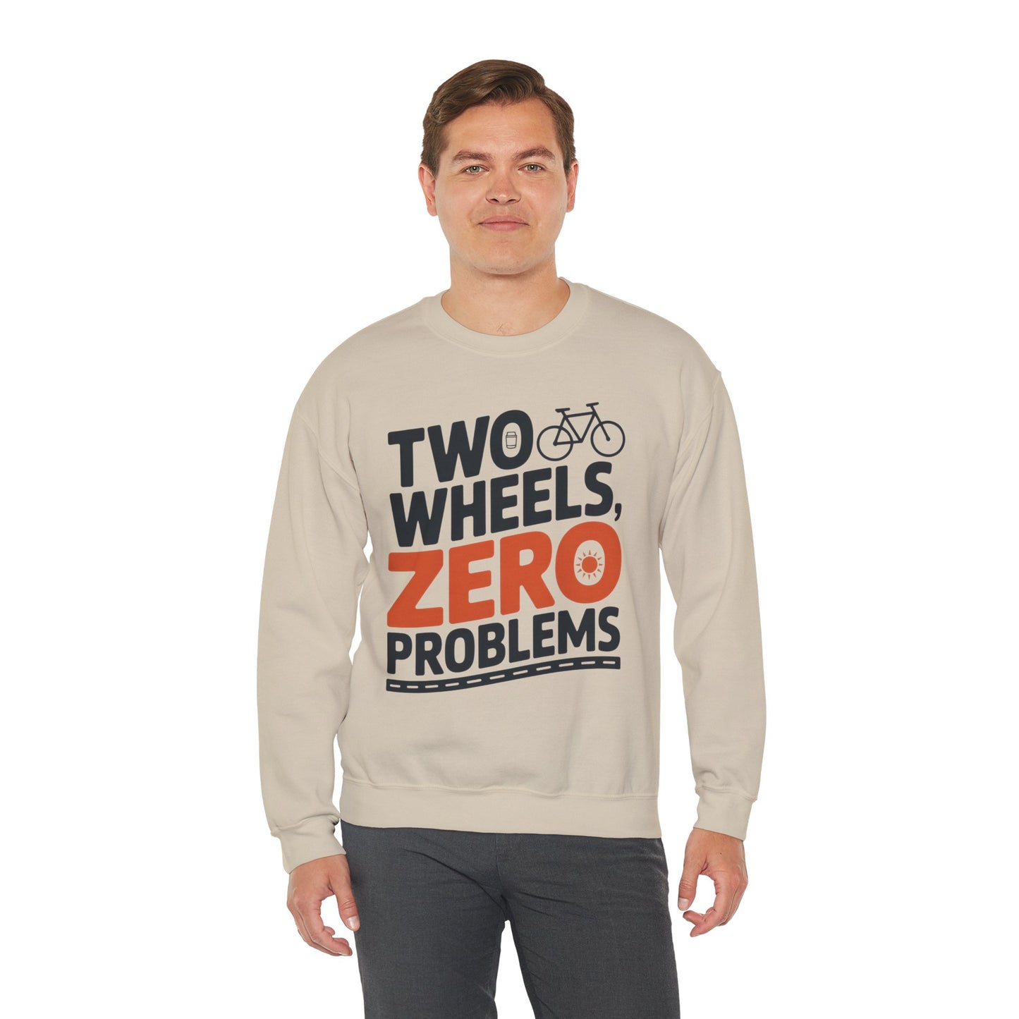 Men's Heavy Blend™ Crewneck Sweatshirt, Two Wheels Zero Problems Mens Casual Biker Sweatshirt, Gift for Cyclists