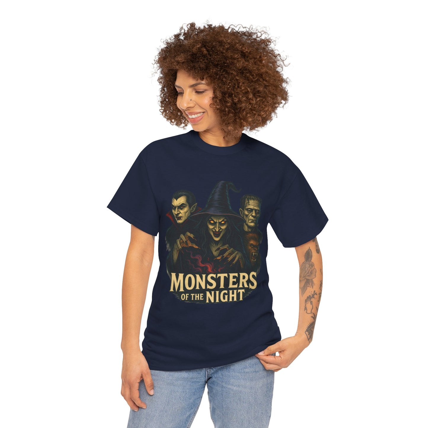 Monsters of the Night Women's T-Shirt, Classic Horror Witch, Vampire, Frankenstein Halloween Tee