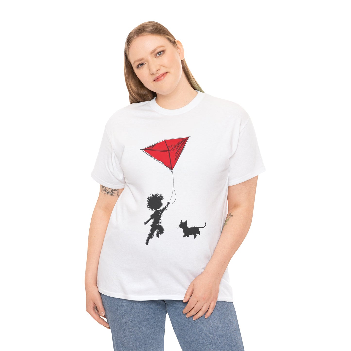 Cute Kid and Cat Design T-Shirt, Playful Gift for Cat Lovers, Summer Style, Cat Lover T-Shirt, Gift for Cat Owners, Women's Cotton T-Shirt