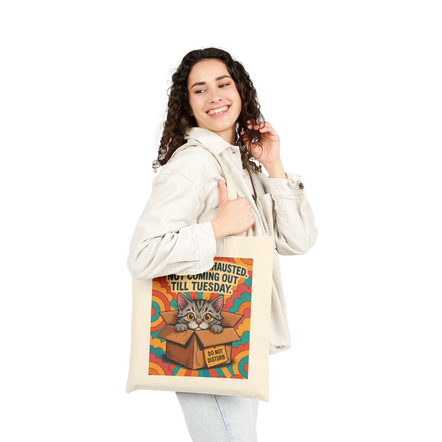 Socially Exhausted Cat Tote Bag, Funny Retro Cat in Box Canvas Bag, Do Not Disturb Comic Bag, Gift for Cat Lovers, Weekend Vibes