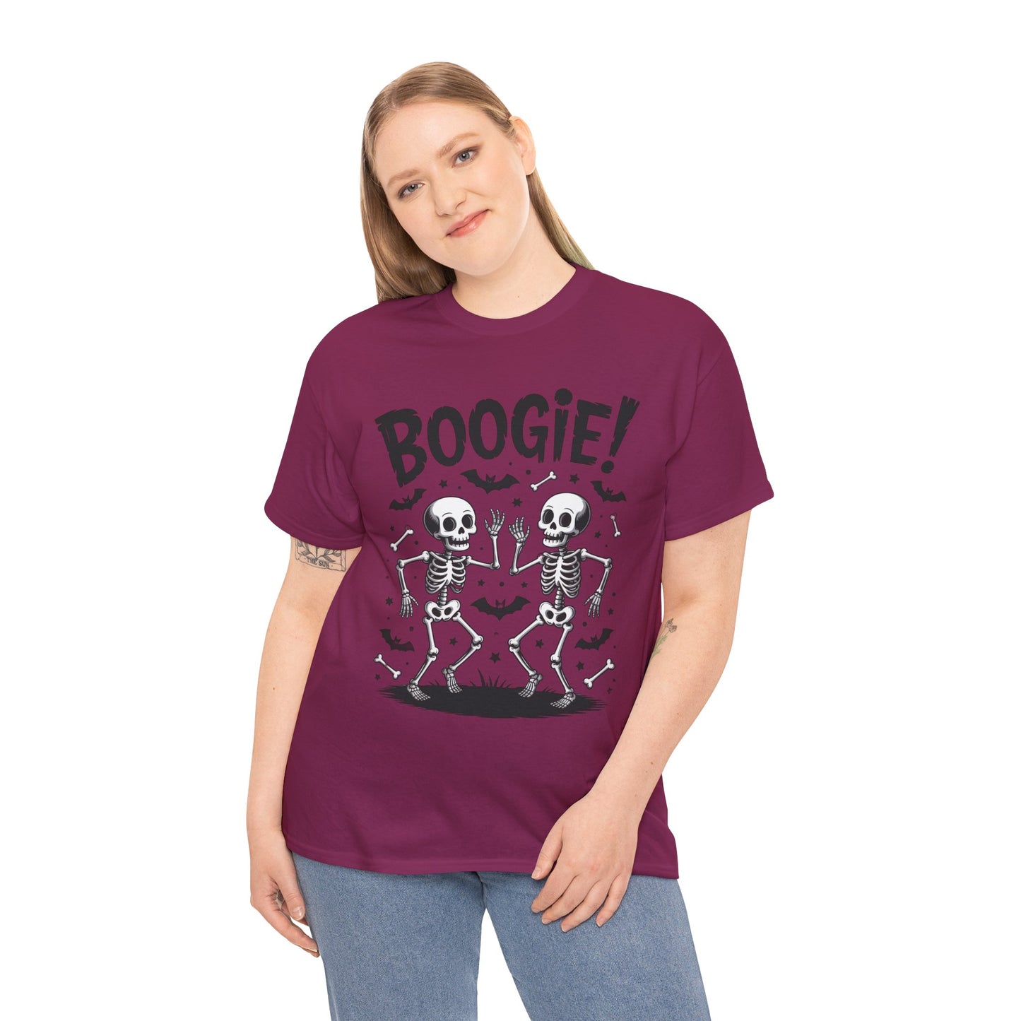 Halloween Dancing Skeletons Women's T-Shirt, BOOGIE! Funny Spooky Graphic Tee for Women, Women's Heavy Cotton Tee