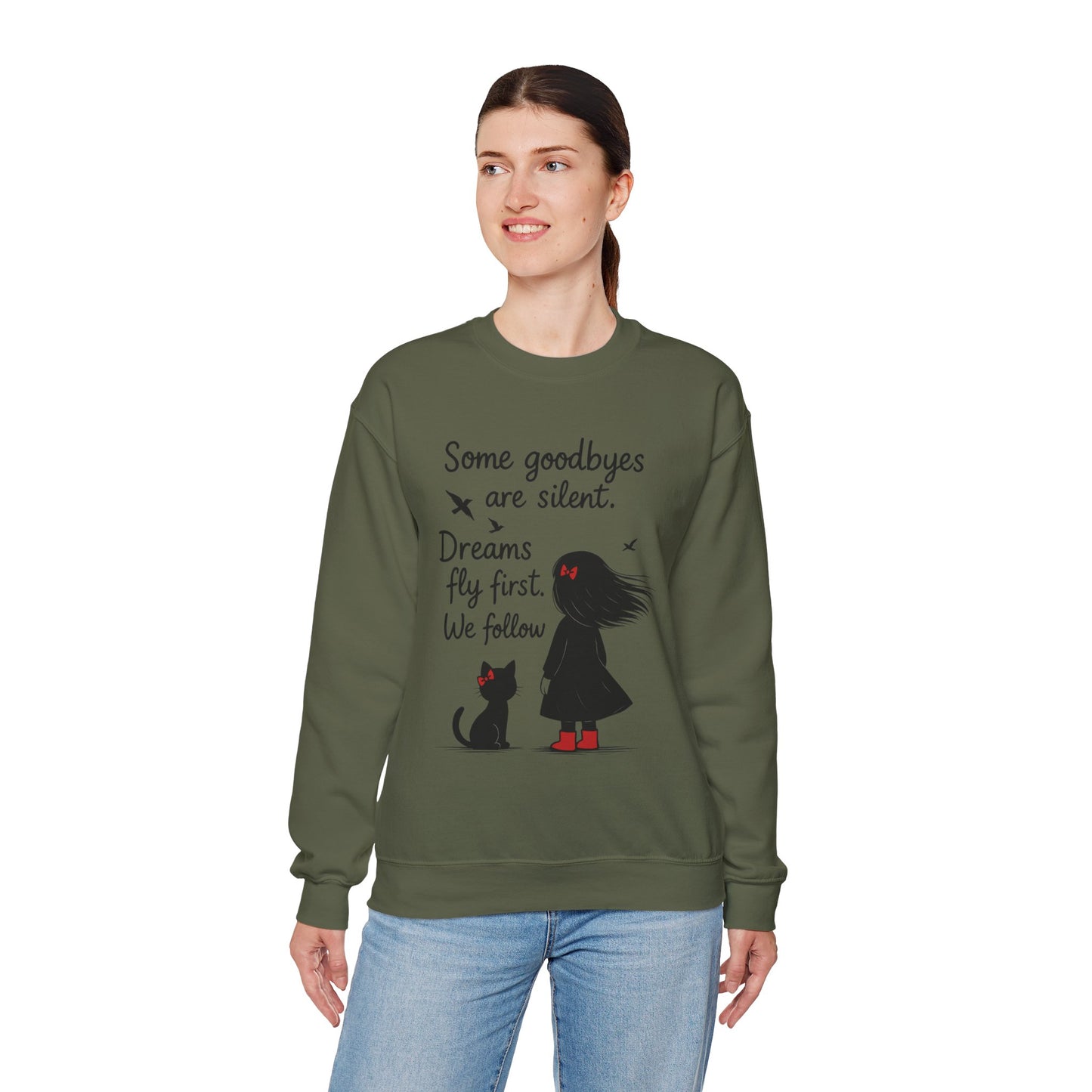 Cozy Farewell Girl & Cat Pullover, Hand Drawn Red Dress Art, Minimalist Womens Crewneck
