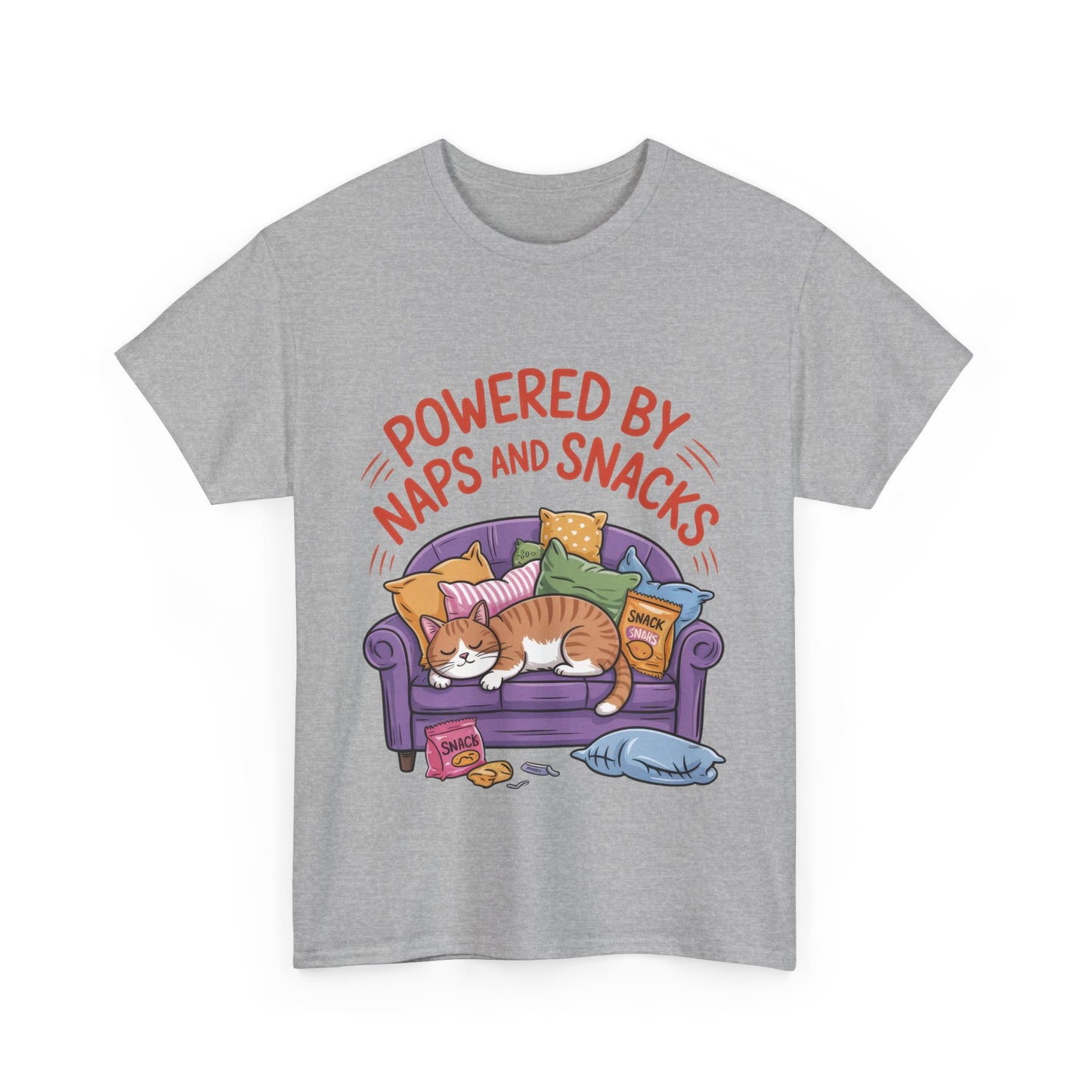 Powered by Naps and Snacks Cat T-Shirt, Funny Lazy Cat Lover Womens Tee, Cute Humor Shirt, Cozy Gift for Her, Cozy Cat Lover T-Shirt