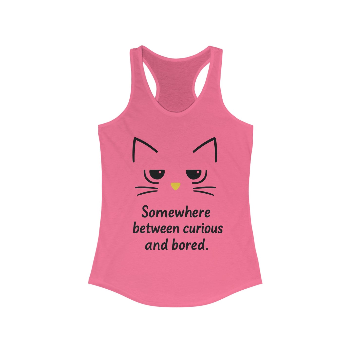 Curious & Bored Cat Tank Top, Women's Racerback Tee, Cute Cat Lover Gift, Fun Workout Top, Summer Casual Wear, Relaxed Fit Shirt
