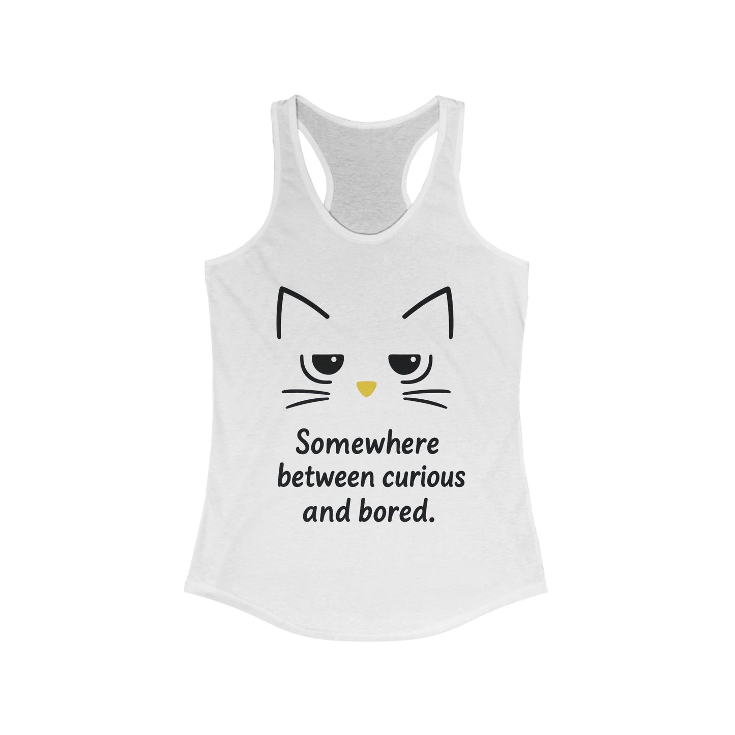 Curious & Bored Cat Tank Top, Women's Racerback Tee, Cute Cat Lover Gift, Fun Workout Top, Summer Casual Wear, Relaxed Fit Shirt