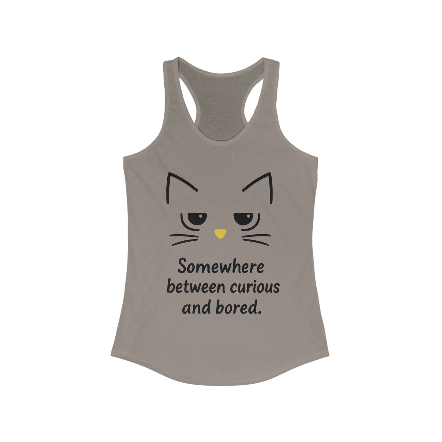 Curious & Bored Cat Tank Top, Women's Racerback Tee, Cute Cat Lover Gift, Fun Workout Top, Summer Casual Wear, Relaxed Fit Shirt