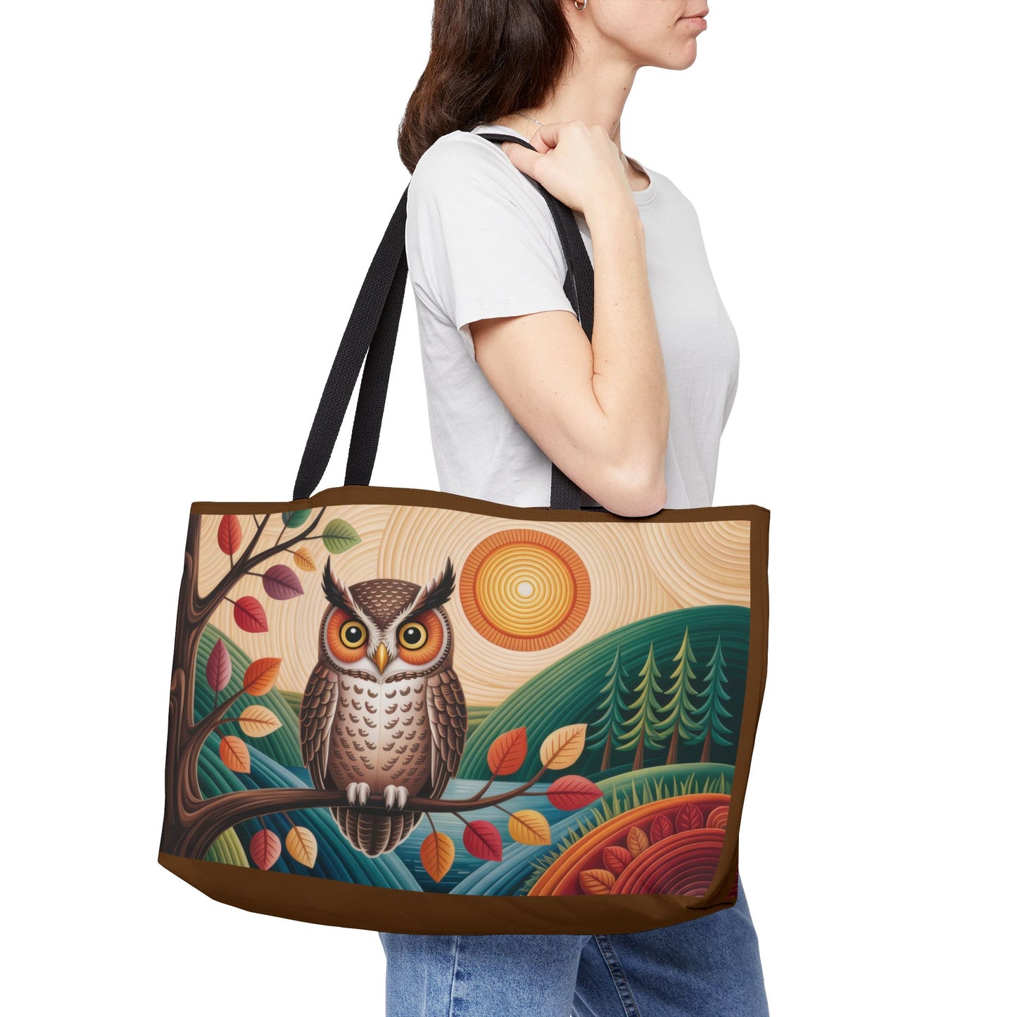 Owl Weekender Bag, Autumn Forest Art Tote, Large Travel Bag with Colorful Fall Leaves, Boho Woodland Gift, Boho Beach Bag