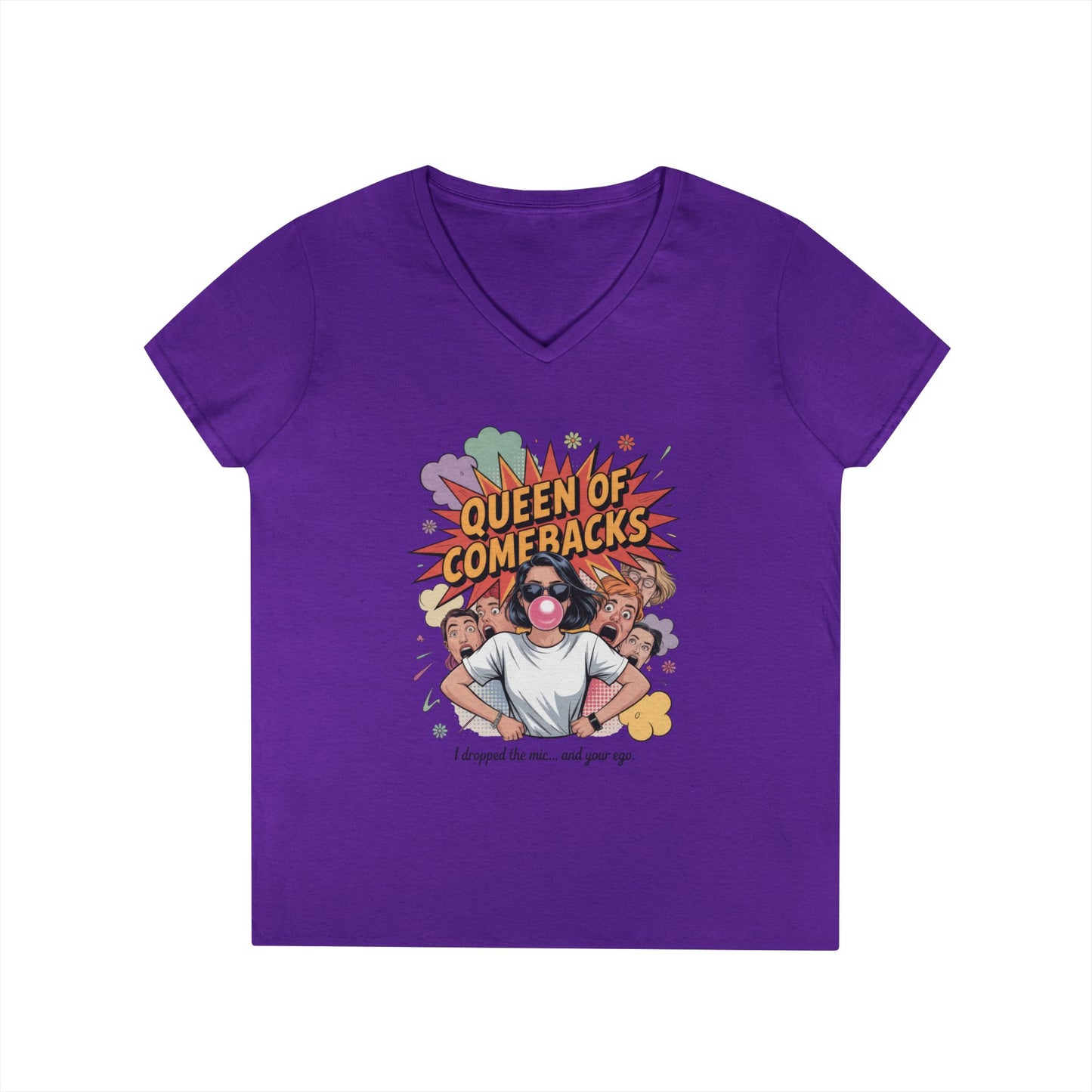 Queen of Comebacks V-Neck T-Shirt, Funny Graphic Tee, Gift for Friends, Humor Apparel, Casual Wear, Comedic Shirt