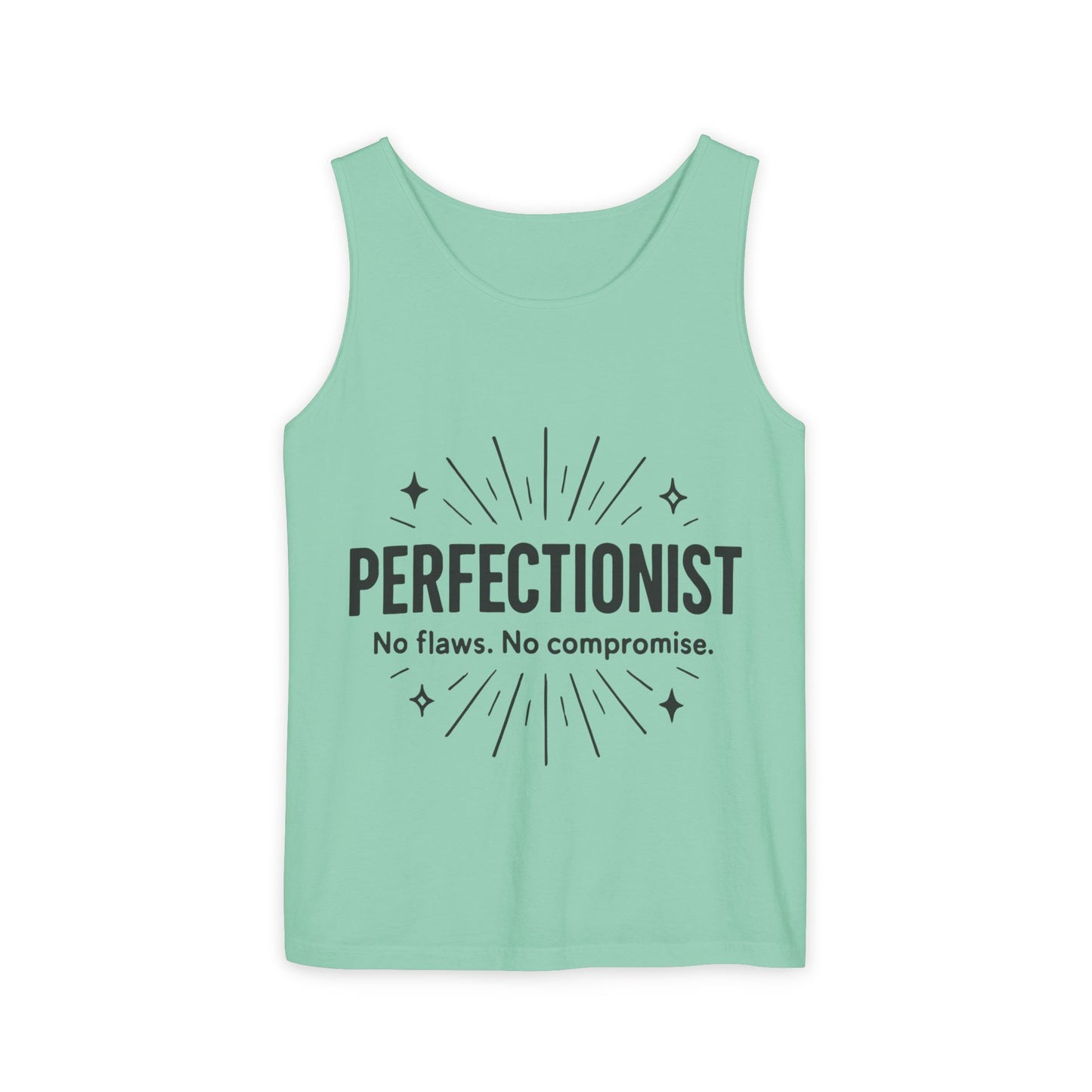 Mens Perfectionist Tank Top, No Flaws No Compromise, Minimal Bold Graphic Tee, Gift for OCD, Clean Freak, or Detail-Oriented Men