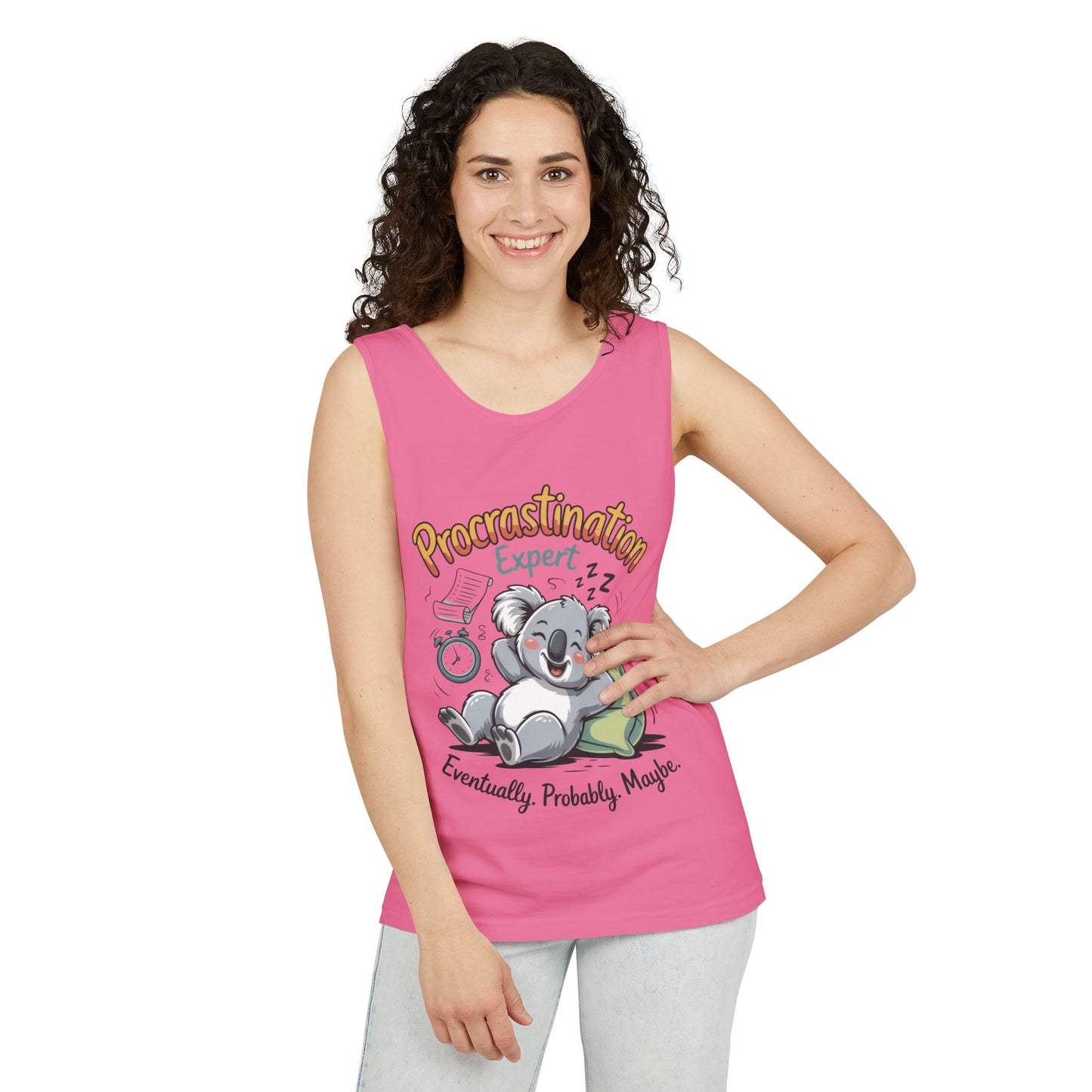 Procrastination Expert Womens Tank Top, Funny Gift for Lazy Days, Relaxed Fit Tee, Casual Summer Wear, Koala Graphic Top, Motivational Apparel