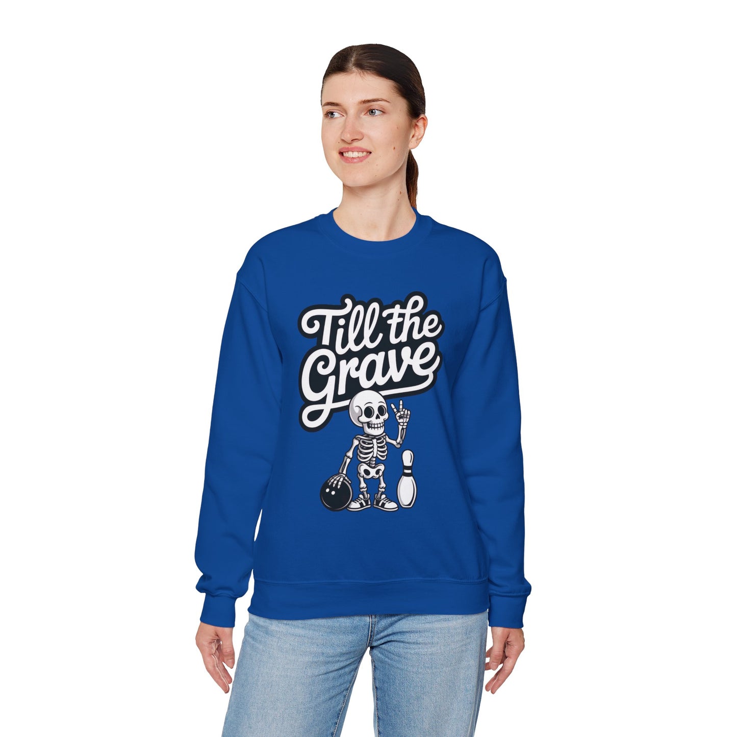Funny Skeleton Bowling Sweatshirt, Womens Crewneck, Halloween Gift, Casual Wear, Till the Grave Sweatshirt, Bowling Lover Apparel