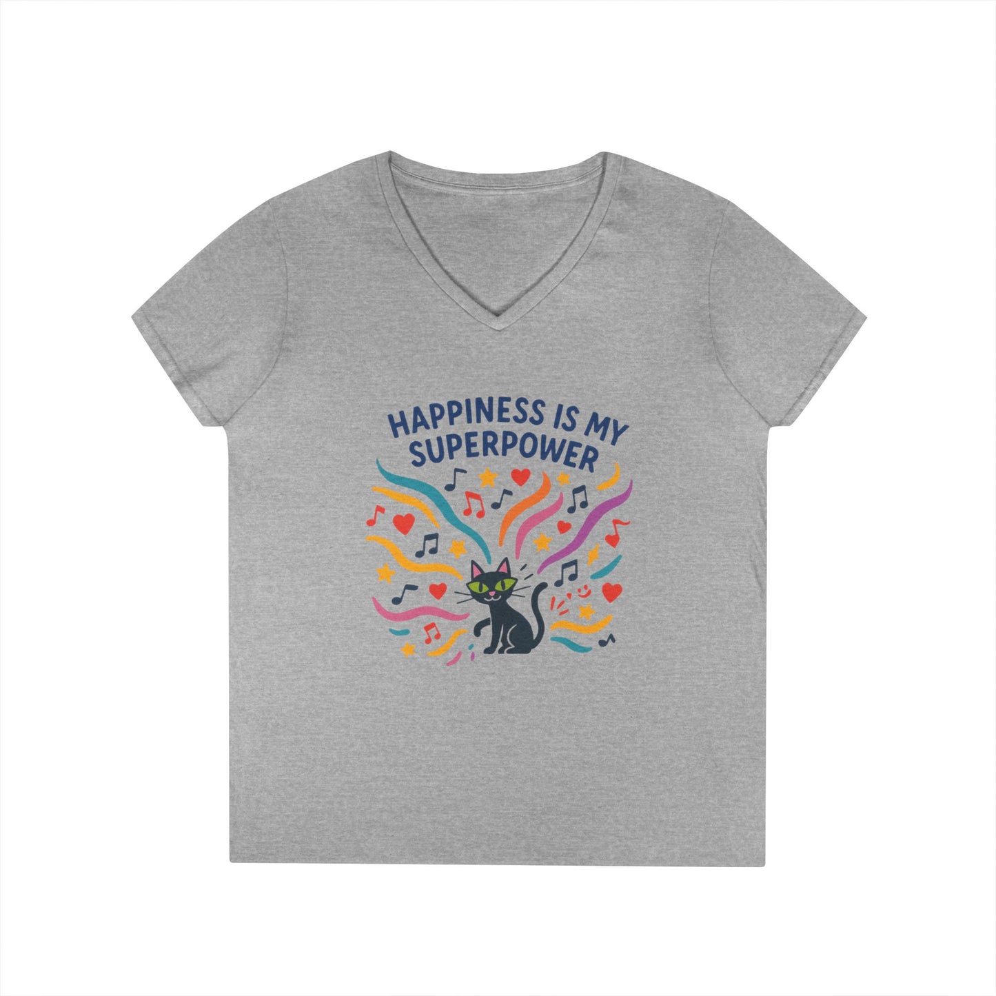 Happiness Is My Superpower V-Neck T-Shirt, Cat Lover Tee, Gift for Her, Cute Graphic Shirt, Music Enthusiast Apparel, Funny Cat Shirt