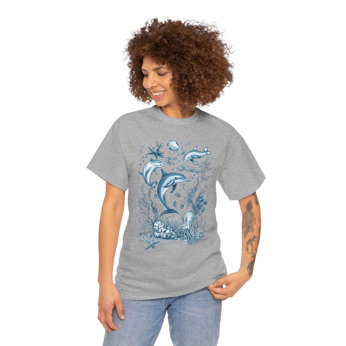 Ocean Life Dolphin T-Shirt, Women's Cotton Tee with Underwater Sea Creatures, Marine Nature Gift Shirt, Perfect for Beach Lovers