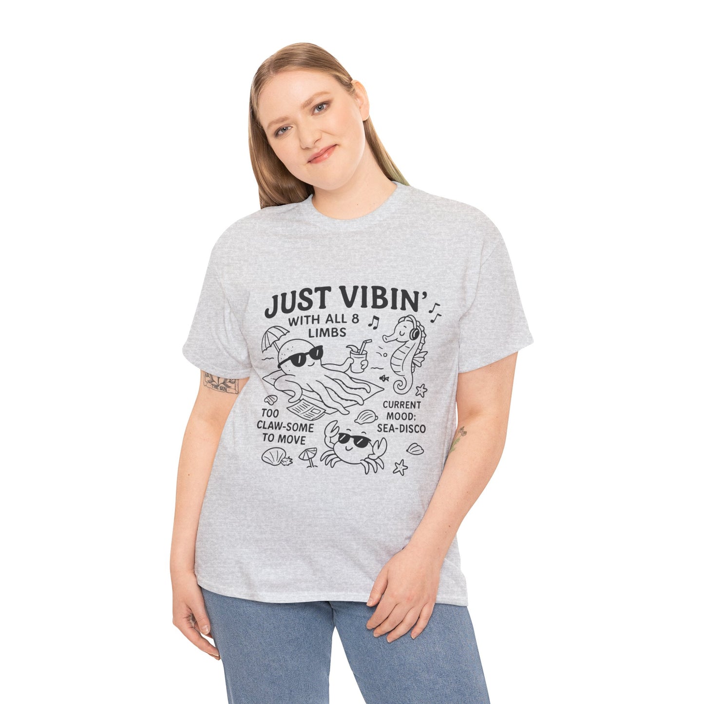 Just Vibin Womens T-Shirt, Cute Octopus & Sea Animals Graphic Tee, Funny Sea Disco Summer Shirt, Beach Vibes Gift for Her, Ocean Theme